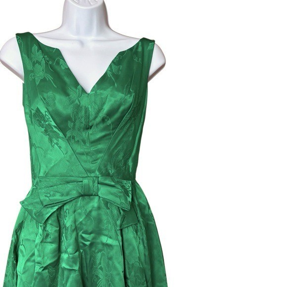 Vtg 50’sUnion Made Mardi Gras emerald green brocade cocktail dress bow detail XS
