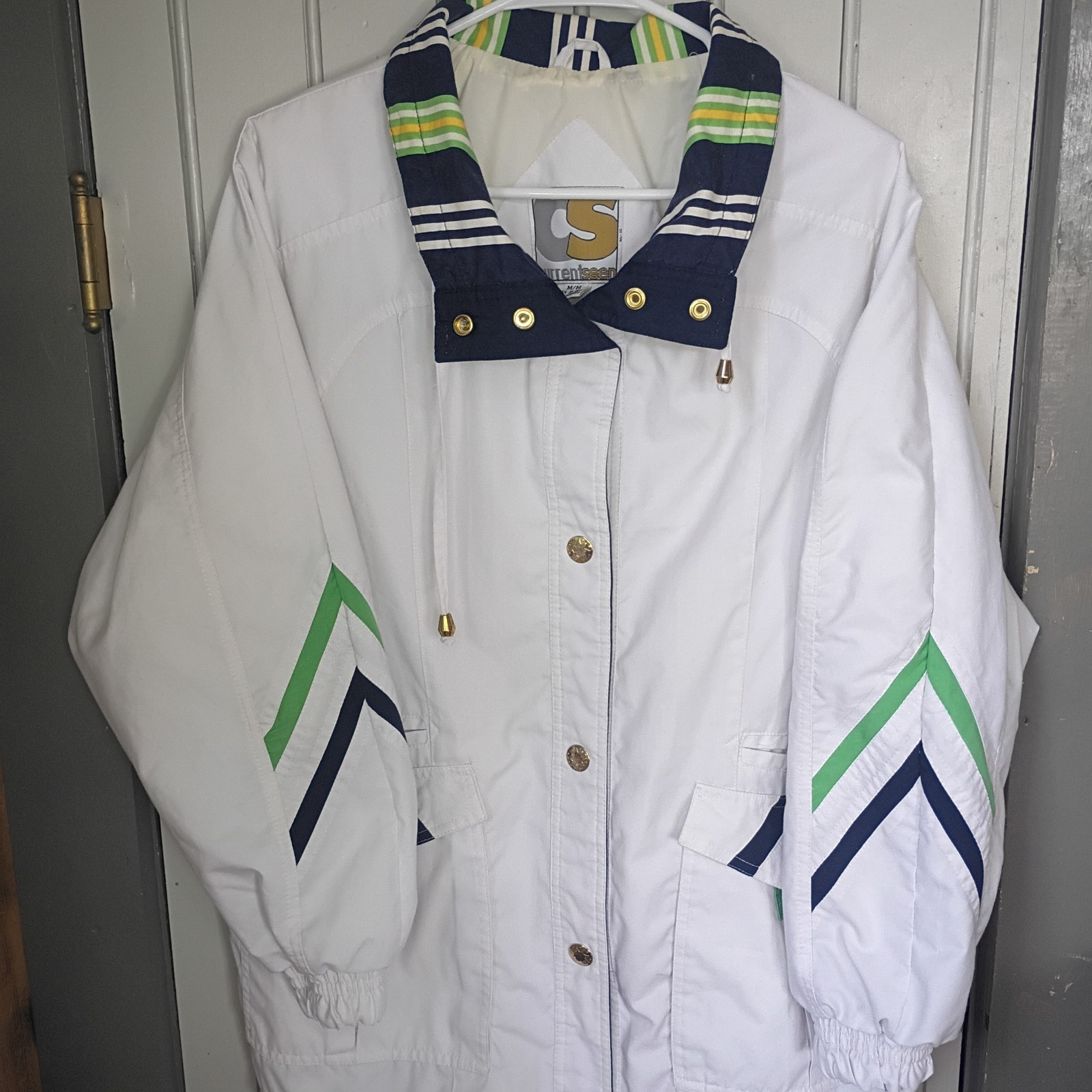 Vintage Jacket, Women&rsquo;s M Retro 90s White, Blue, Green, Gold Snaps