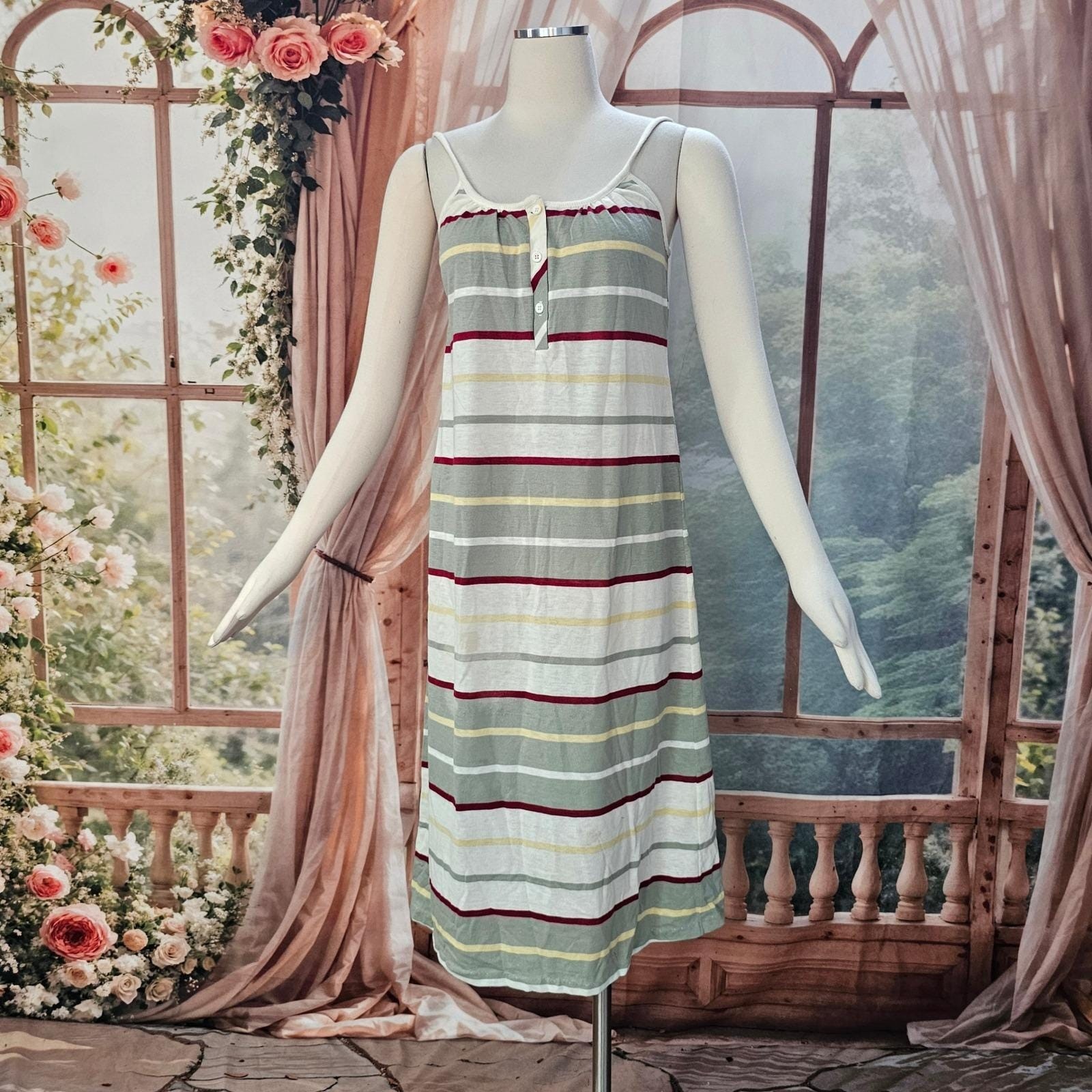 Striped 1970s Dress Sundress Sage Green Cream Burgundy Spaghetti Straps