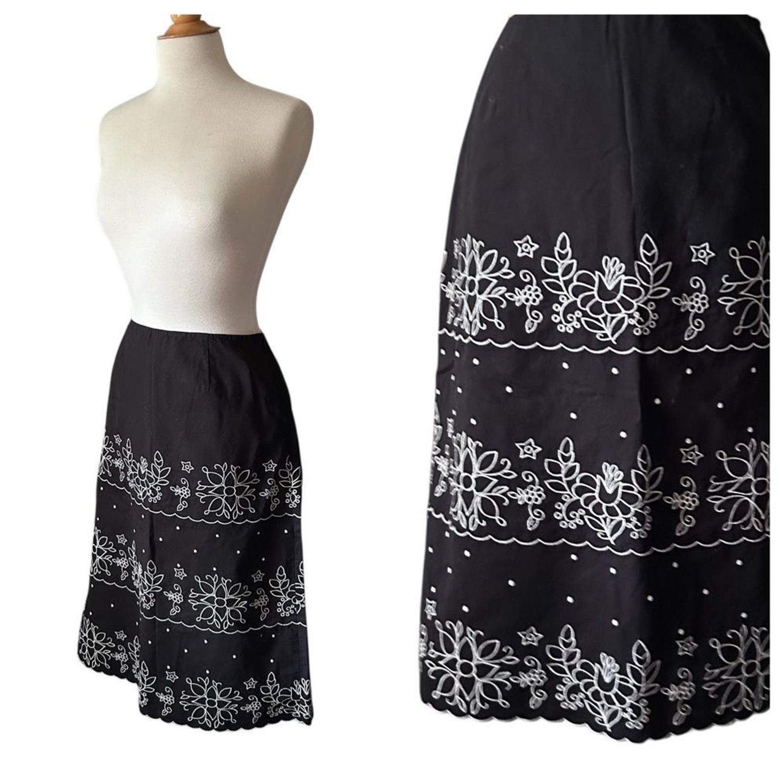 Harold’s Black White Embroidered Midi Skirt – Size 8