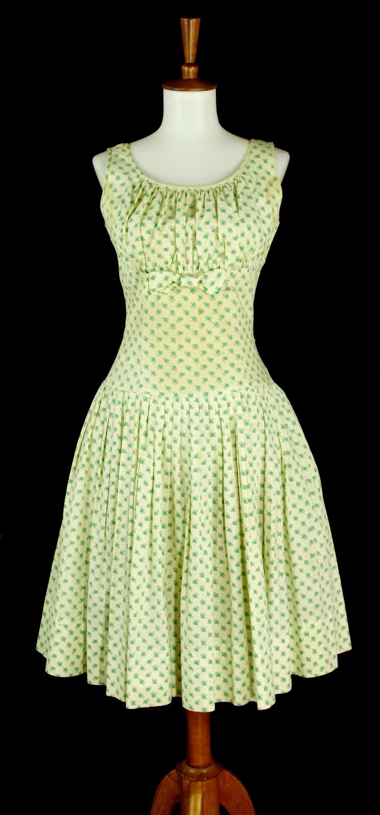 Vintage 50s Floral Printed Cotton Dress Flare Full Pleated Skirt Garden Party