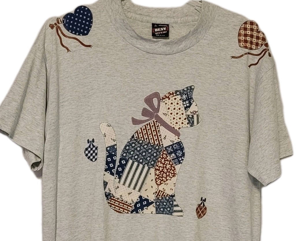 VTG 90s Patchwork Cat Homemade T Shirt Adult Large Gray Short Sleeve Grandma