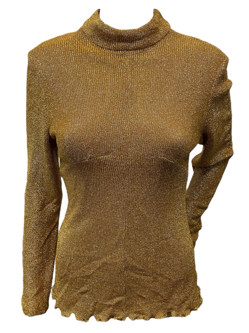VTG 70s Gold Glitter Disco Lettuce Hem Mock Neck Long Sleeve Blouse Womens M