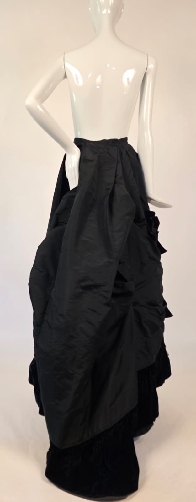 VICTORIAN 1870’S BLACK SILK RECEPTION GOWN SKIRT W SILK VELVET TRIM + TRAIN