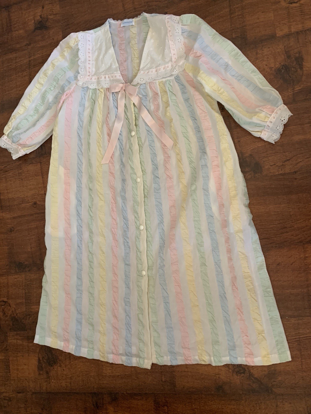 VTG Lorraine Robe Duster Retro Loungewear Housecoat seersucker Stripe Pastels L