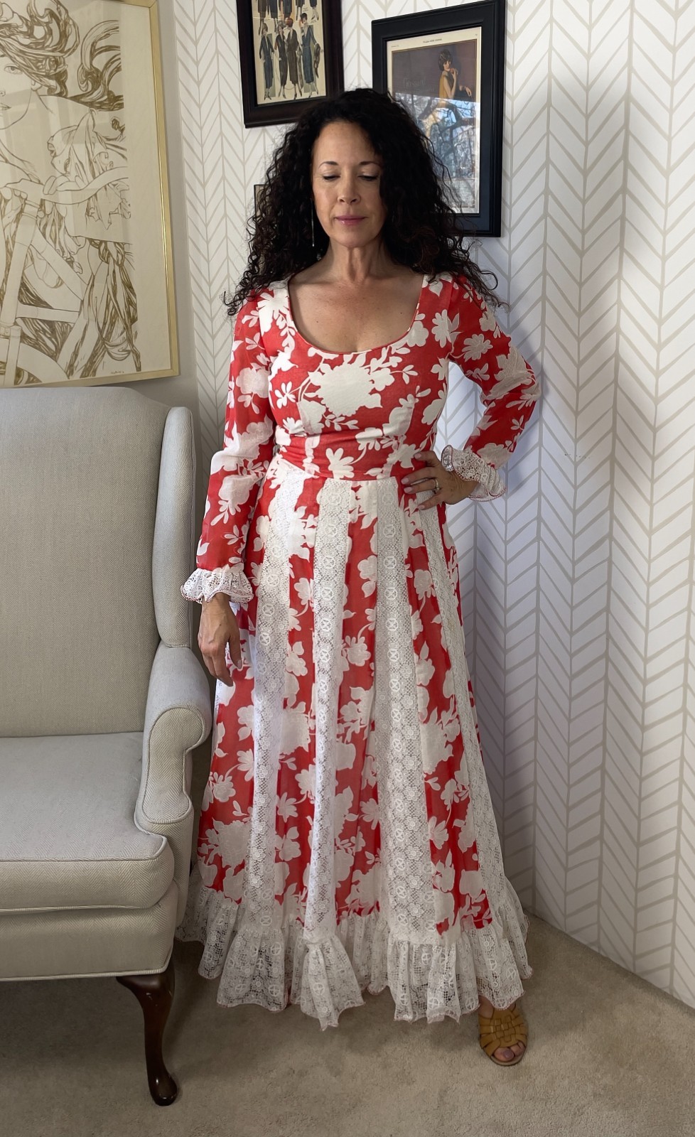 Vintage 70s Unique Full Length Red White Cotton Polyester Lace Dress