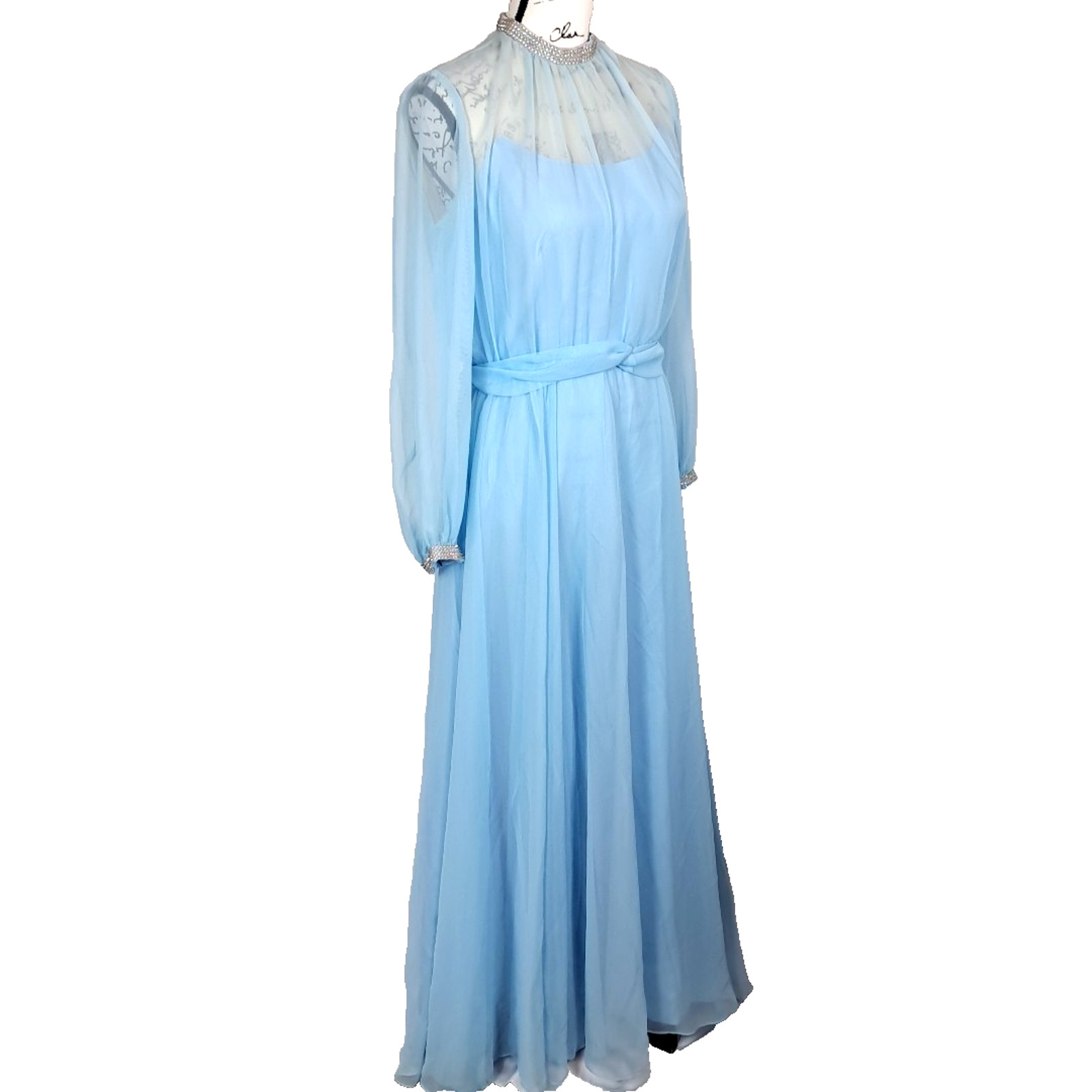 Vtg 70s Sheer Chiffon Rhinestone Maxi Dress Size 9 Blue Regency Formal Union Tag