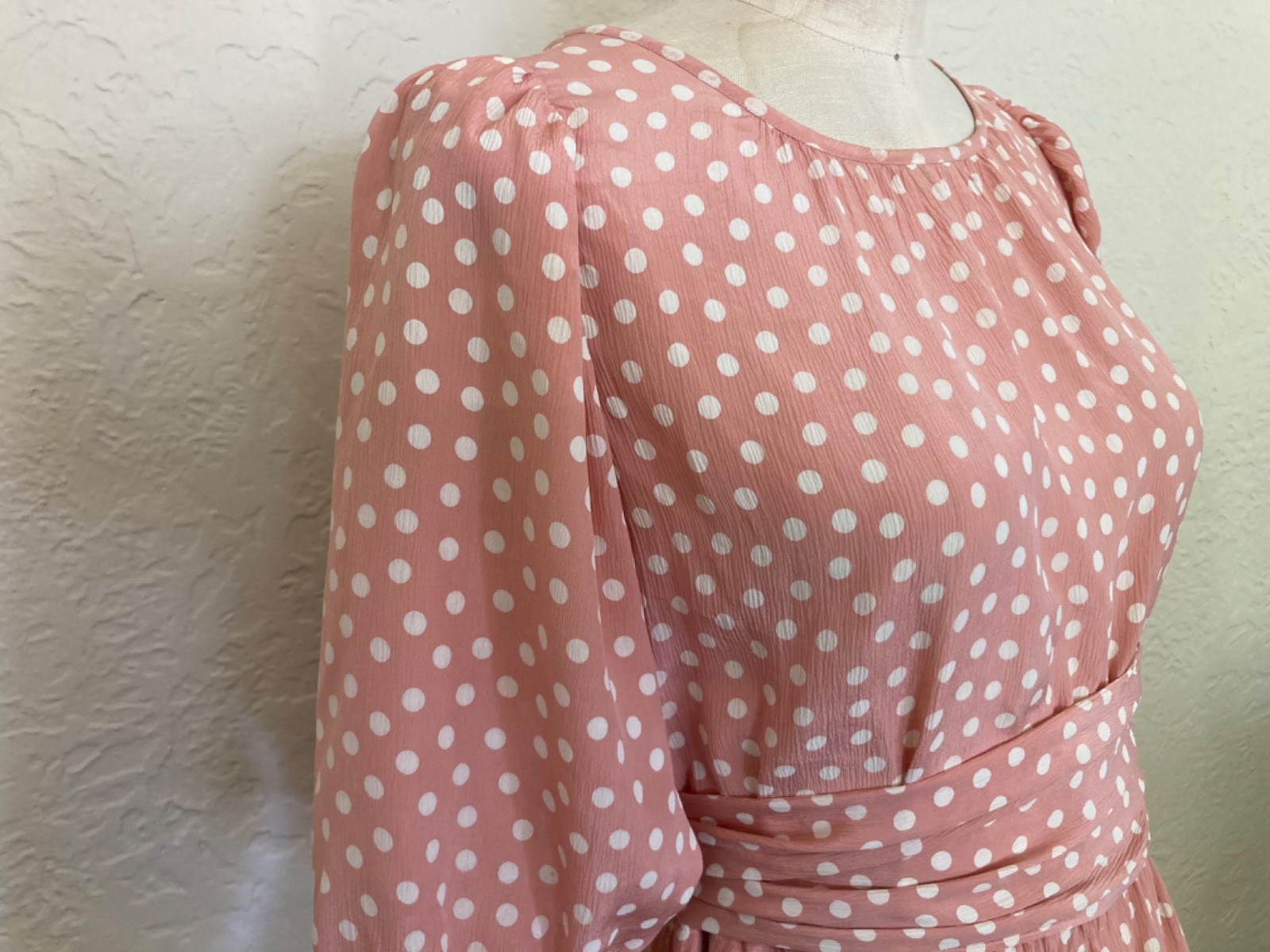 🇫🇷Vtg Yves Saint Laurent Polka Dot Pink Dress Puff Blouson Sleeve France Sz.36