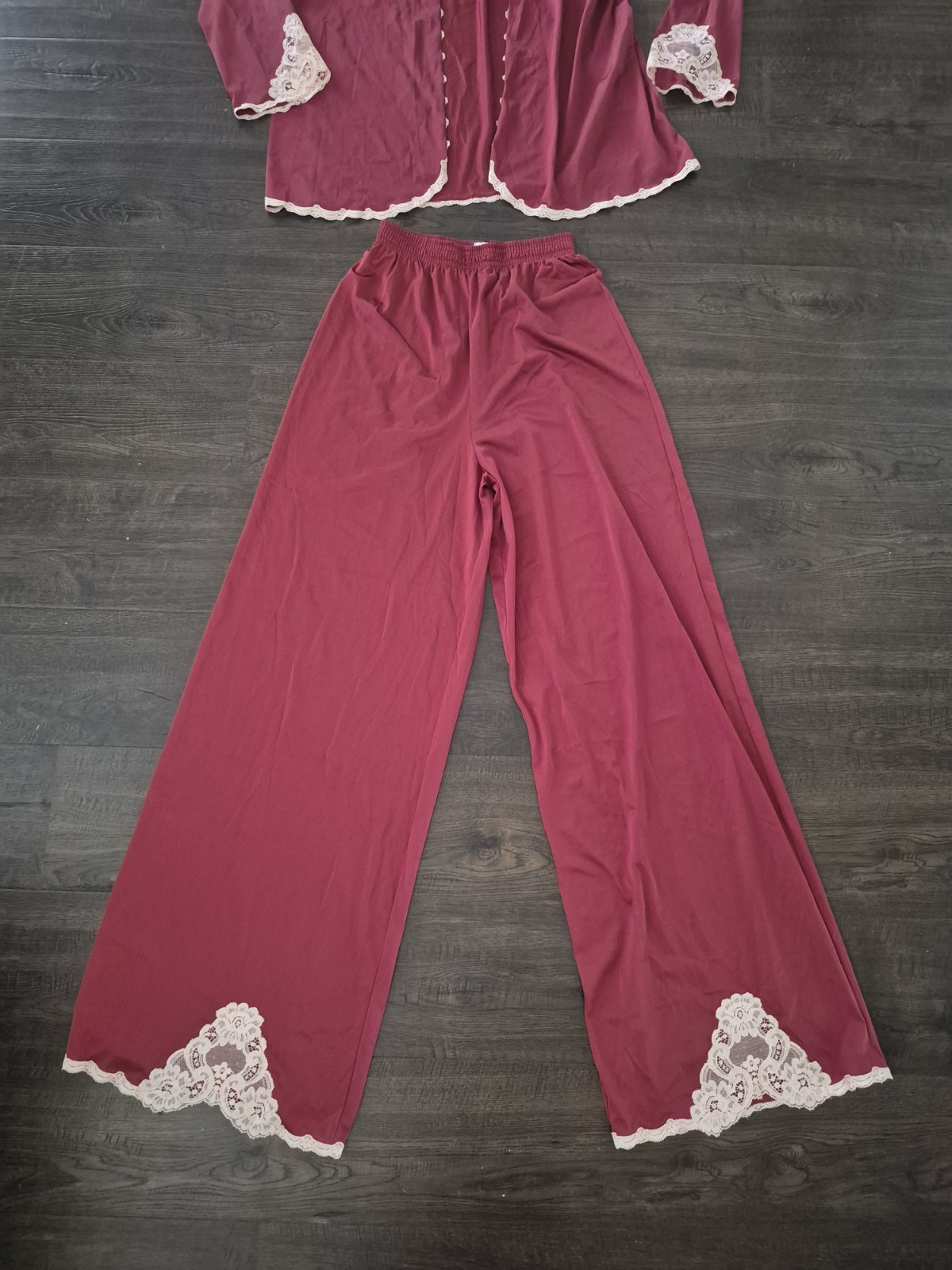 Vintage Vanity Fair Nylon Pajama Set in Burgundy and Beige with Lace Trim, 30