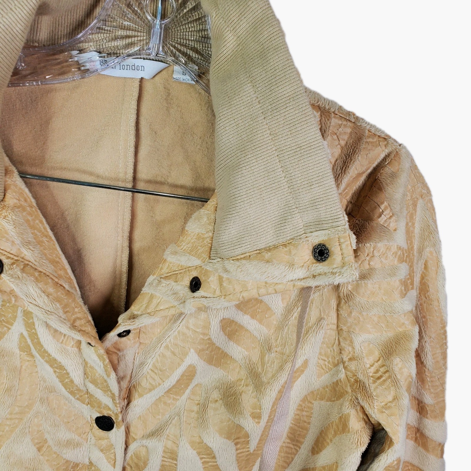 VTG Erin London Women Snap Button Jacket Small Animal Print Metallic Beige Gold