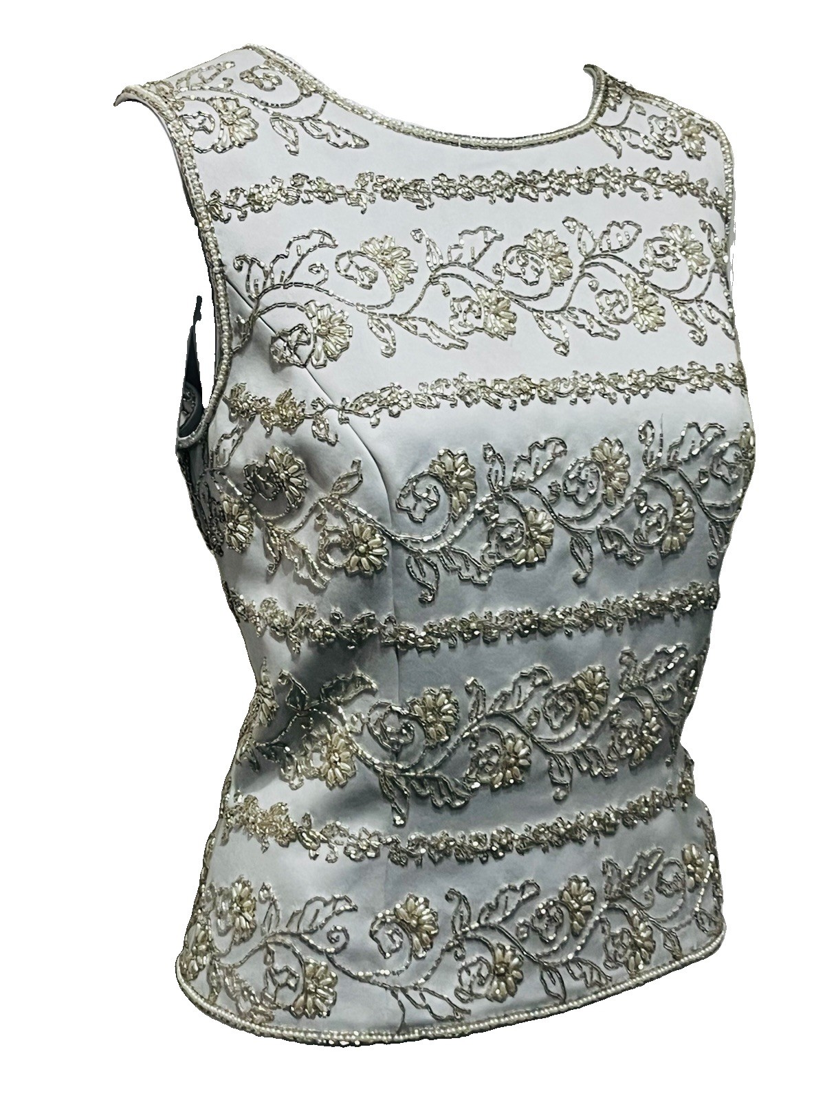 Vintage Blacktie Oleg Cassini Gray Silk Size 10 Beaded Camisole Top Bust 39”