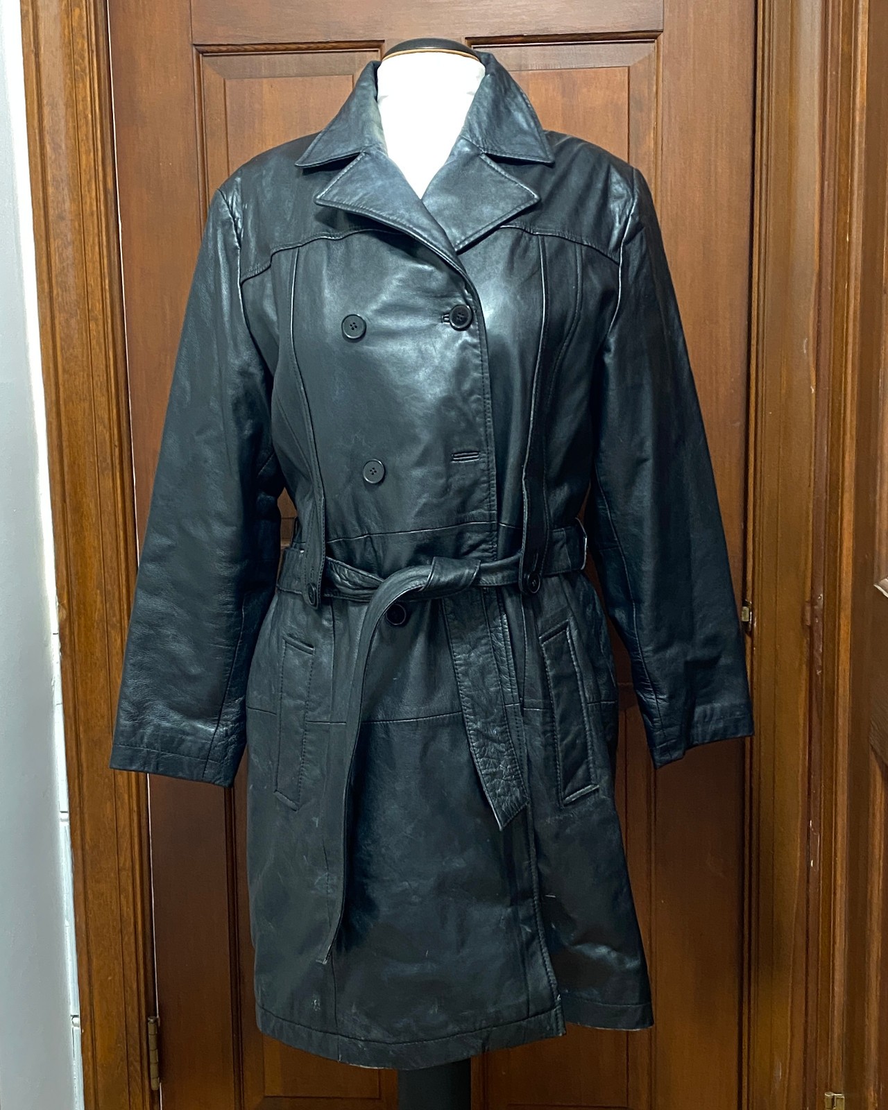 VTG Excelled Black Knee Length Leather Jacket Belted Coat XL Soft Lightweight