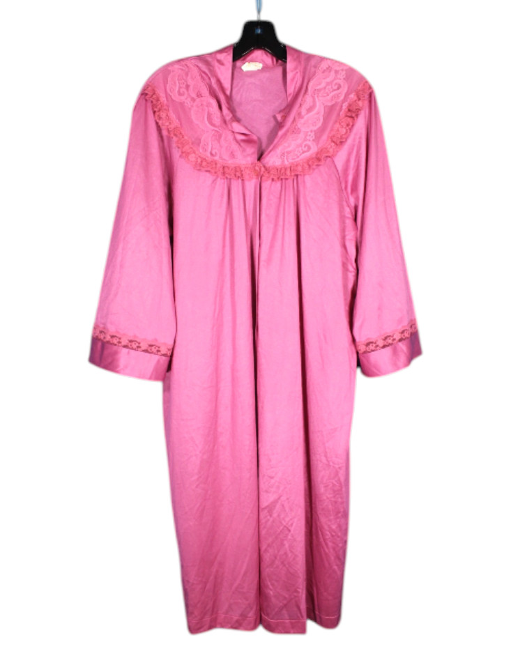 VTG TEXSHEEN Silky NYLON Rose Pink PAISLEY/RUFFLE LACE Button-Up LOUNGE ROBE L