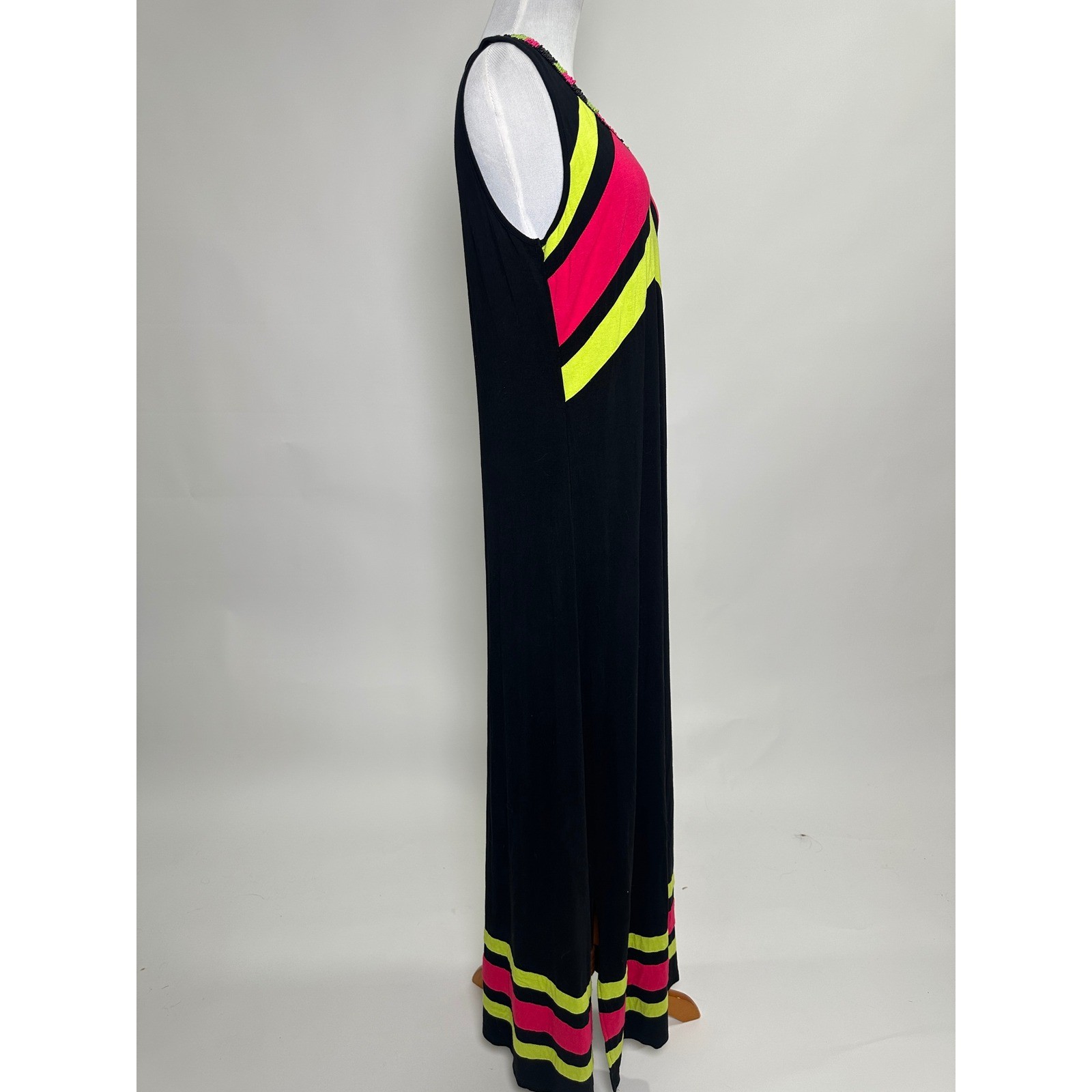 Vintage Variations 90s Y2K Beaded Color Block Jersey Maxi Dress Neon Pink Lime M