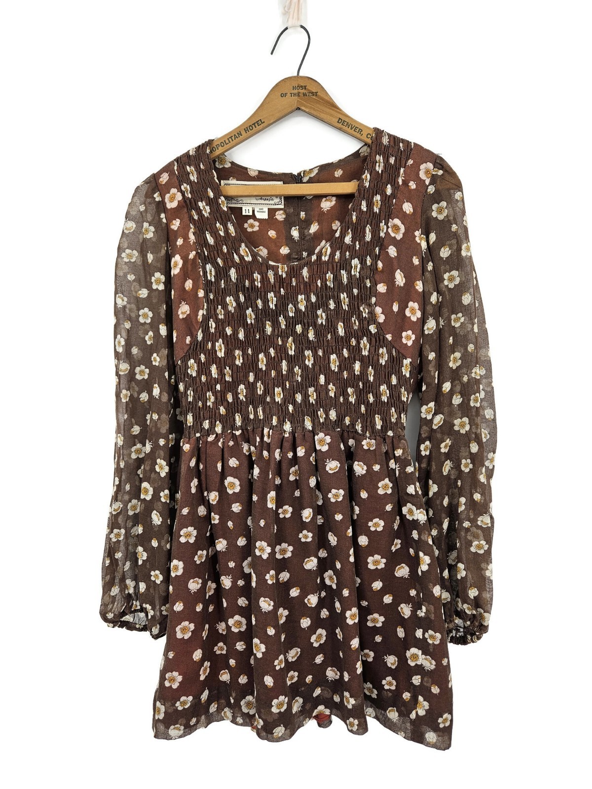 Vtg Young Edwardian Floral Mini Dress Womens 11 Brown Shirred Prairie Boho