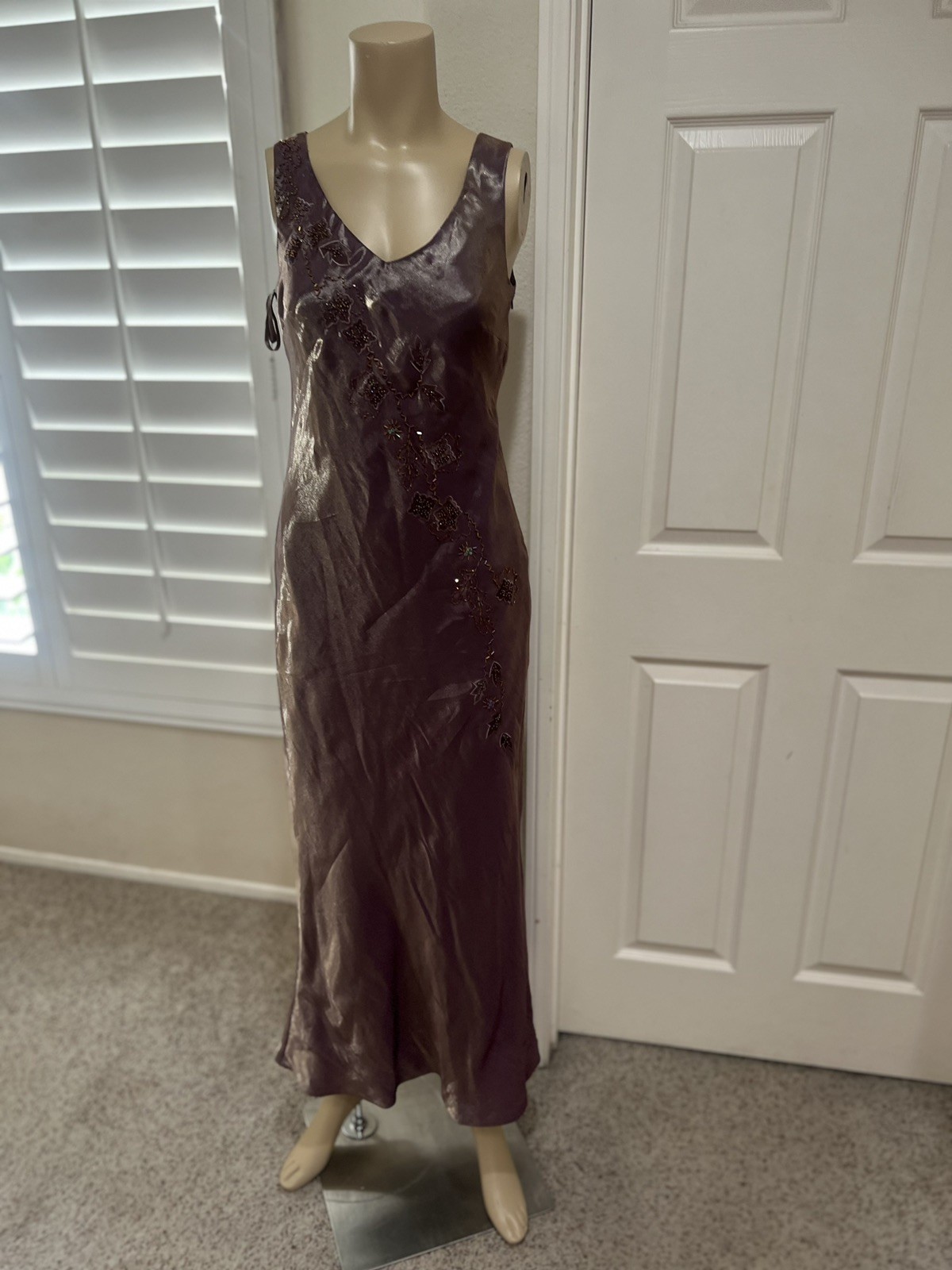 Alex Evenings Metallic Bronze‎ Beaded Short Sleeves Long Formal Gown Dress Sz 6