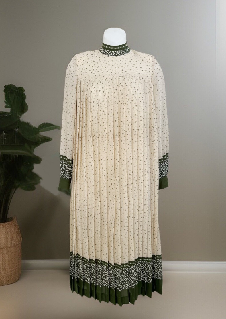 Vintage KANTO International Fashion Dress Japan XS/S Ivory Green Pleated Shift