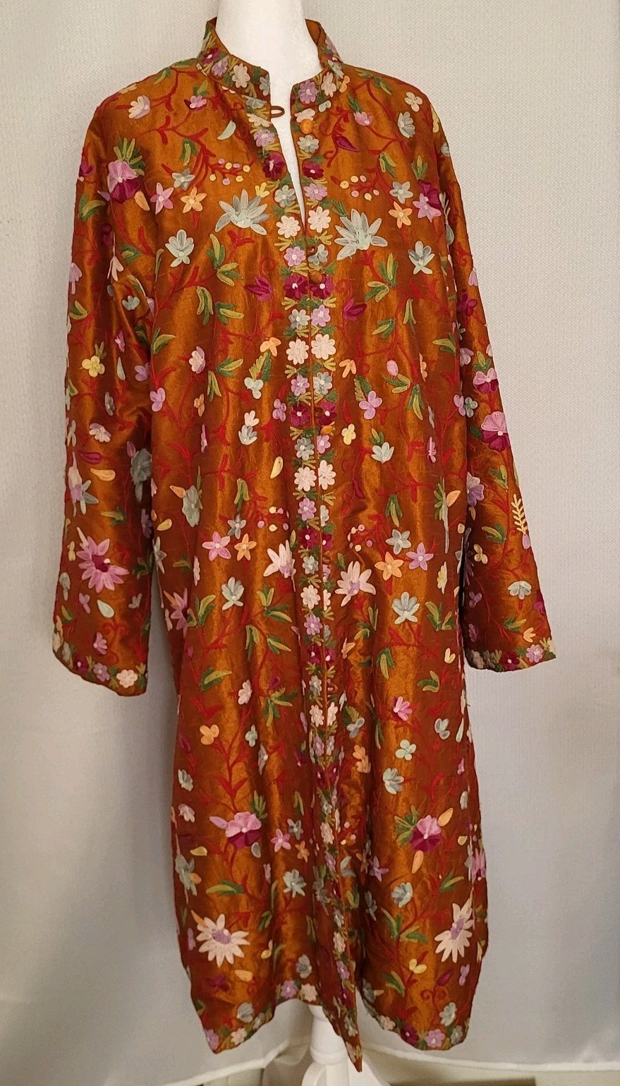Vintage Long Kashmiri Aari Crewel Embroidered Copper Silk Jacket Floral Size L