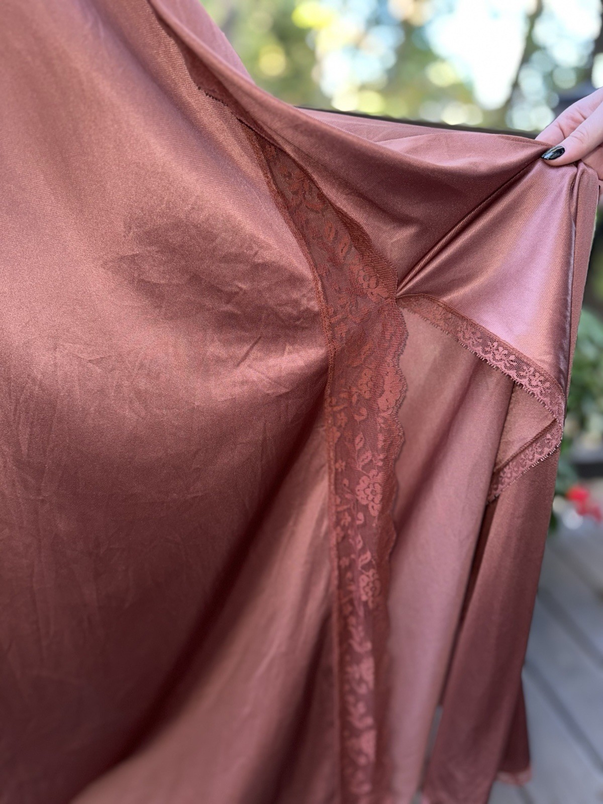 Vtg New Nightgown Long Goddess Pinehurst 70s Inset Lace UNIQUE Copper Brown M 36
