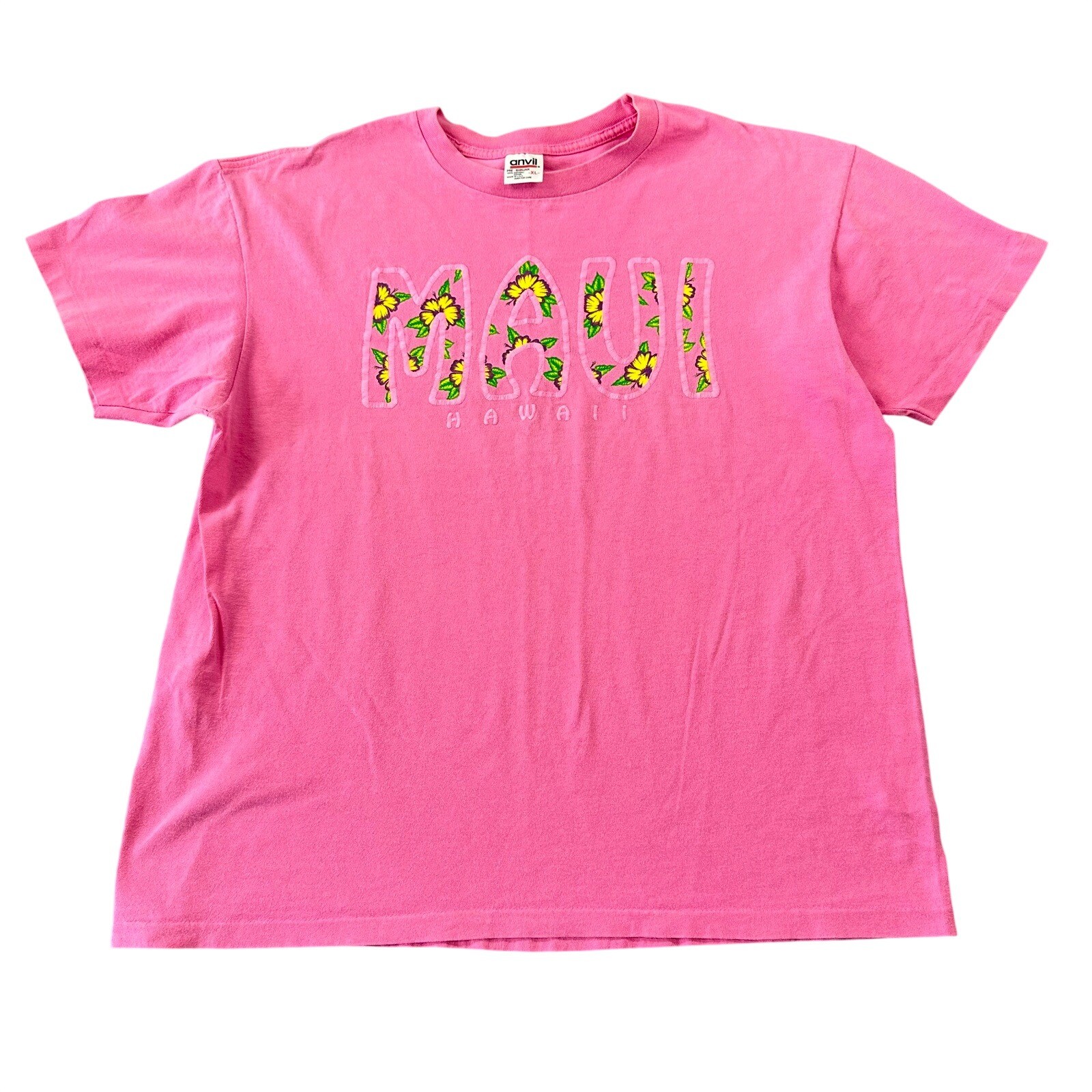 Vintage 90s Anvil Maui Hawaii T Shirt Pink Single Stitch Floral Graphic XL USA