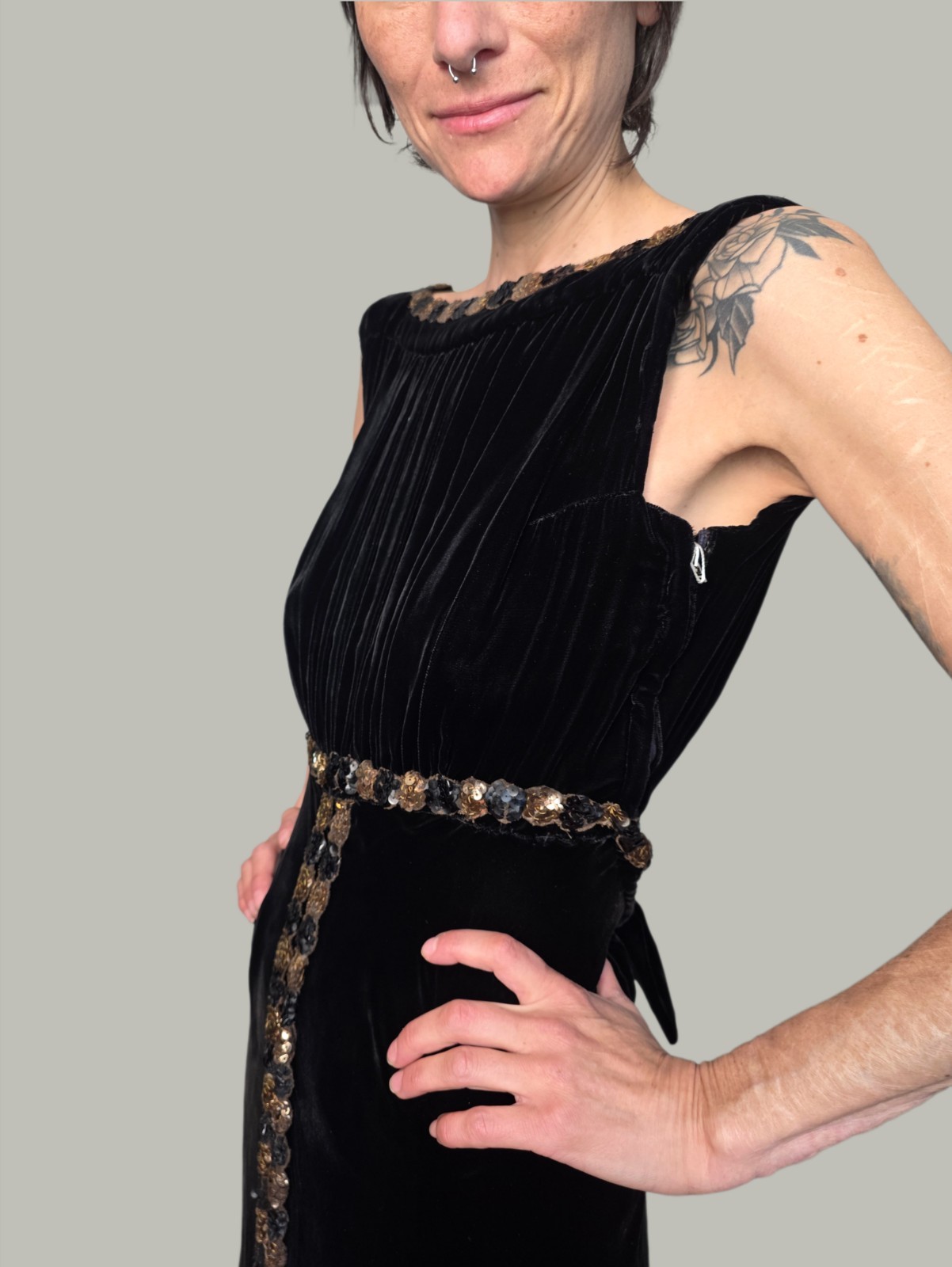 Authentic 1930s Black Velvet Evening Gown | Sequin Trim & Sash | Old…