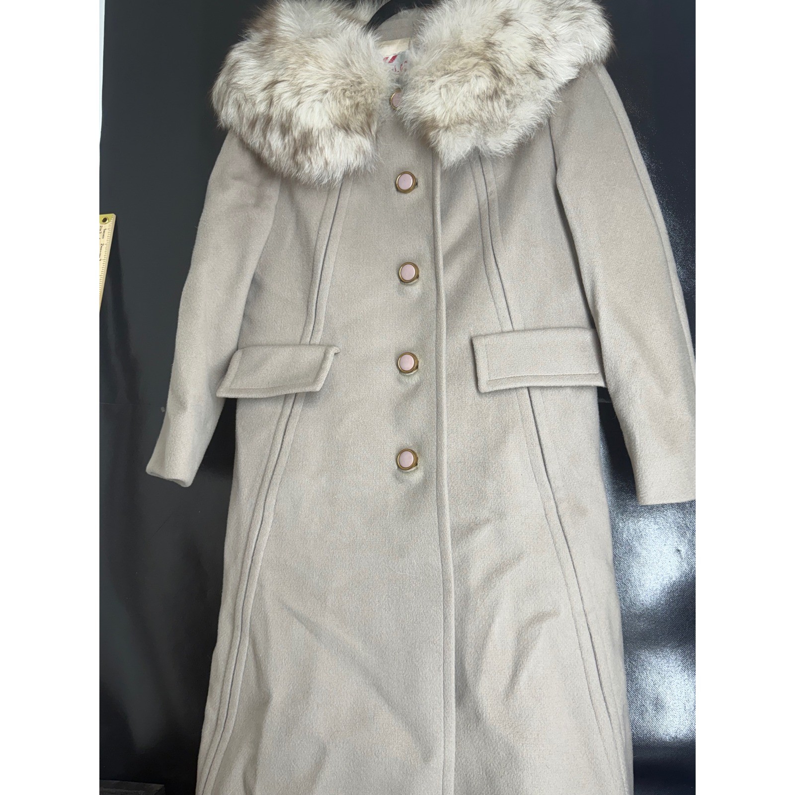 Vintage Wellesley Stevens Forstmann Wool Coat Faux Fur Collar Beige Long Jacket