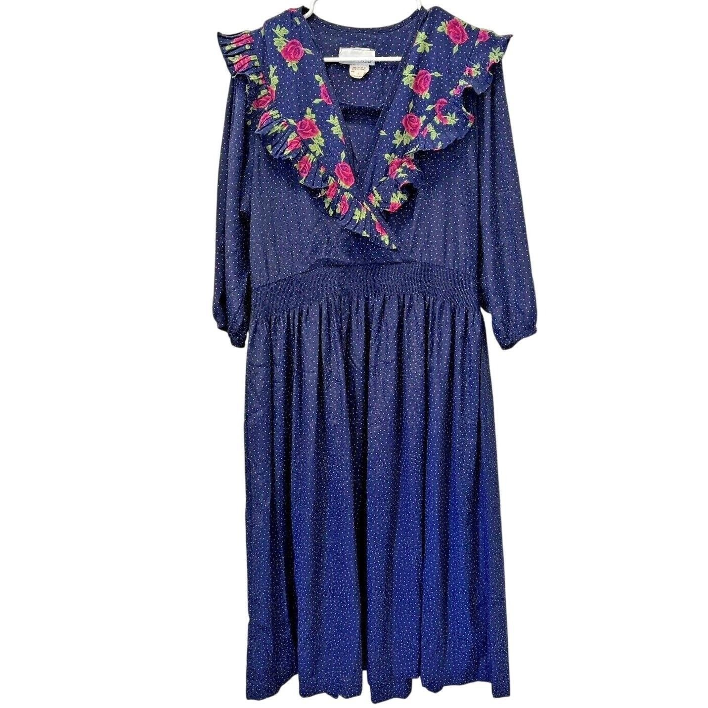 Toni Todd Midi Dress Womens 8 Blue Vintage 80s Floral Polka Dot Ruffle Smocked