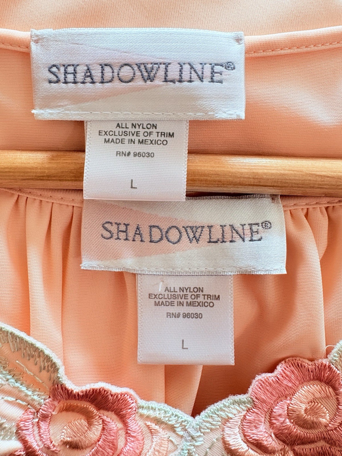 SHADOWLINE Light Peach Vtg Nightgown & Robe 2pc Set Sz L Nylon Floral Embroidery