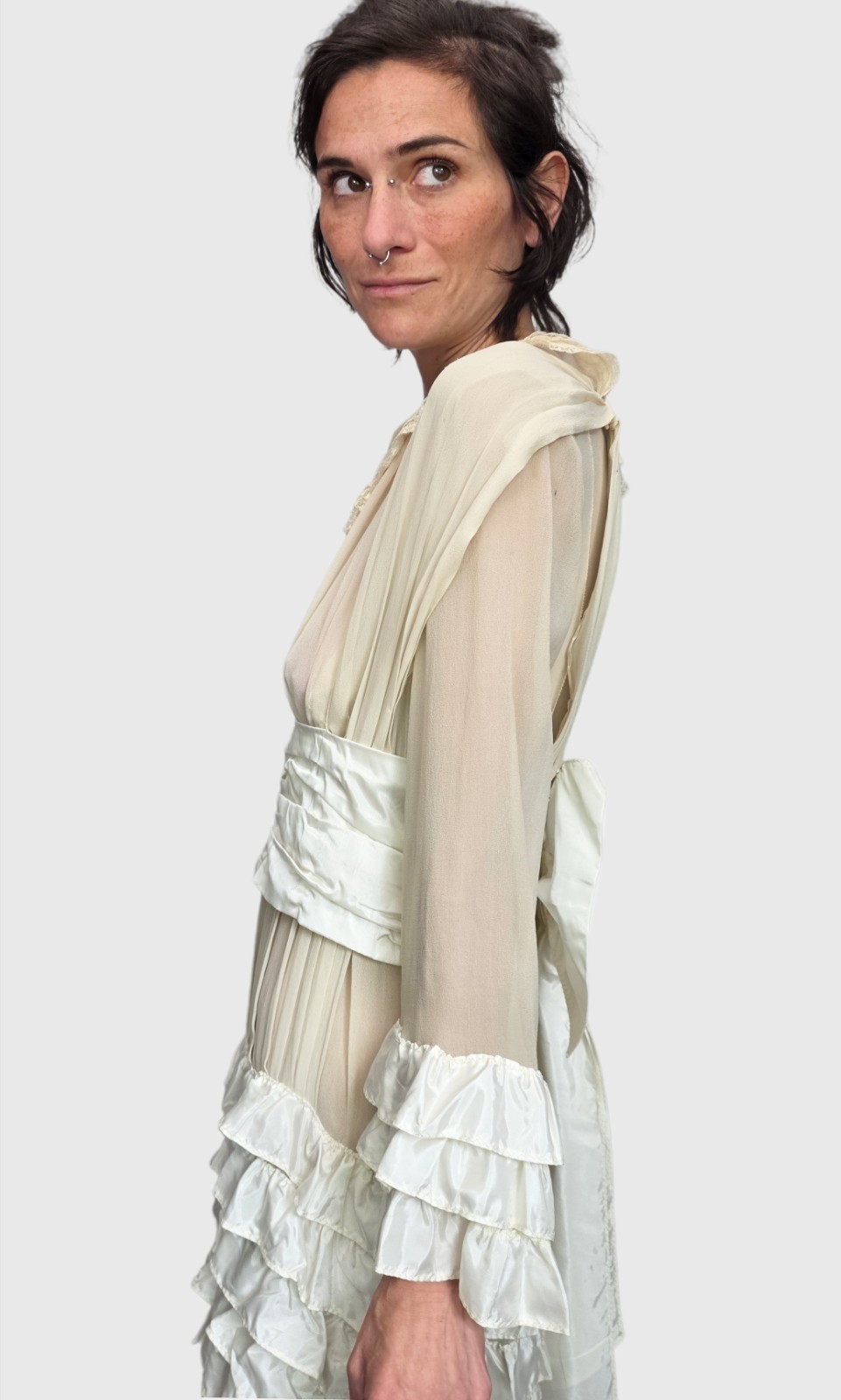 1920s Ivory Silk Chiffon & Taffeta Flapper Dress | Tiered Ruffle Art Deco…