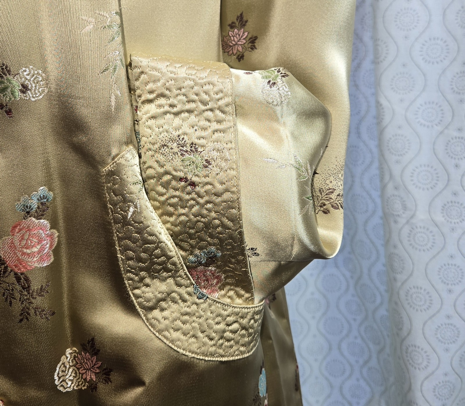 Chinese Brocade Embroidered Satin Frog Knots Long Duster Coat Tangzhuang 38 M