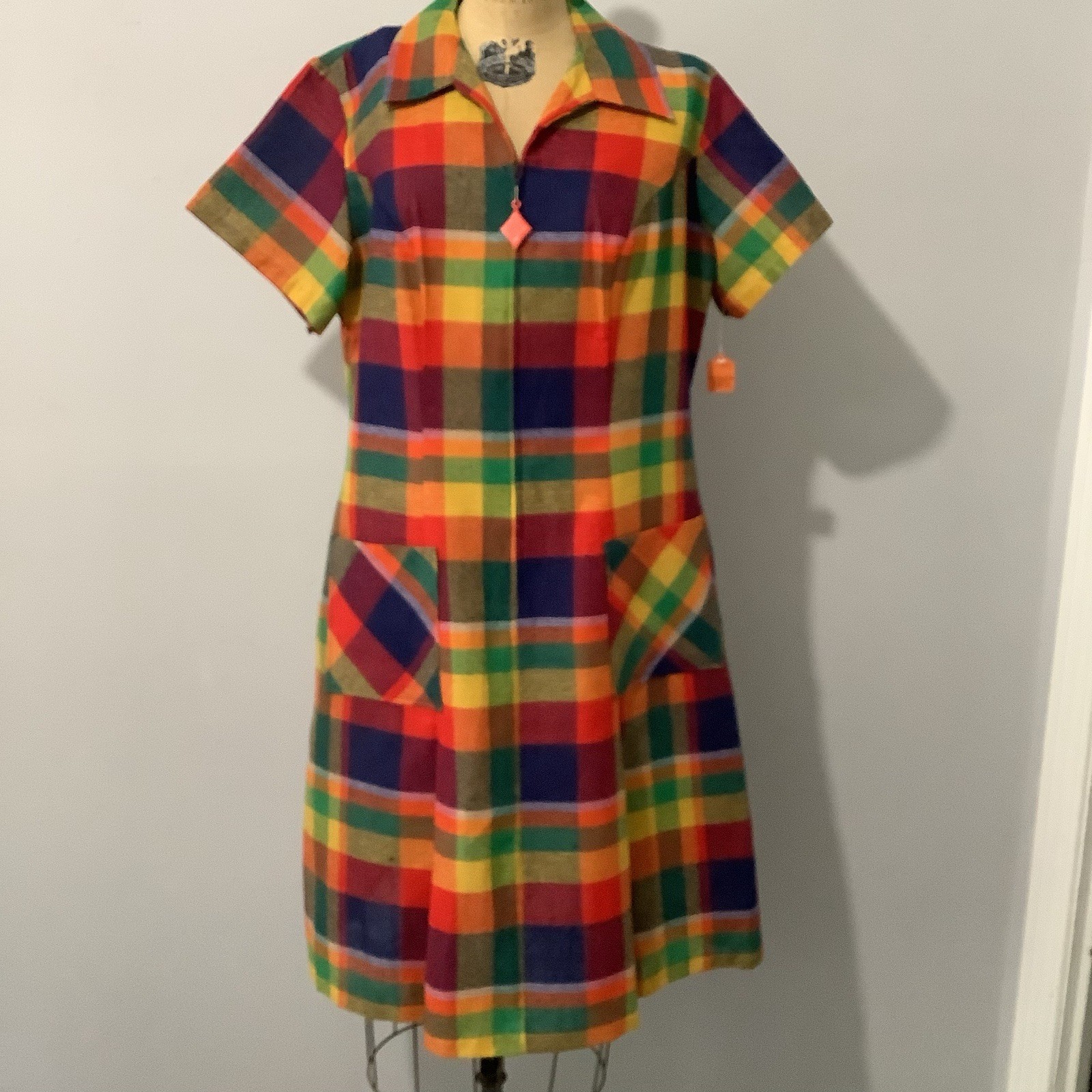 VTG 1960’s Colorful Plaid Cotton/Poly Dress Deadstock Mint With Tag XL B44”/W38”