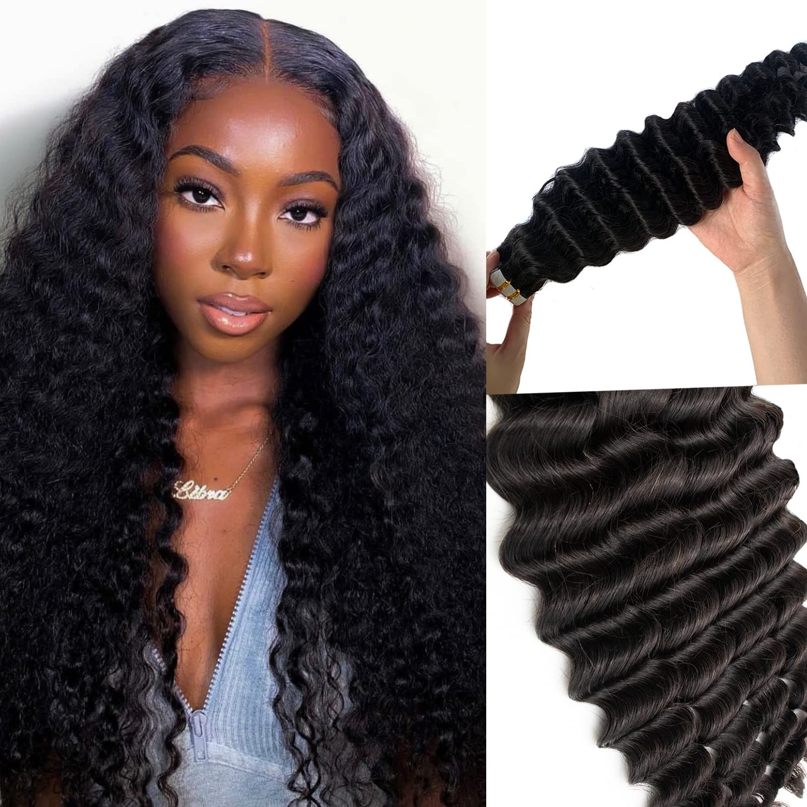 Deep Wave Tape-in Human Hair Extensions Remy Curly Skin Weft Brazilian