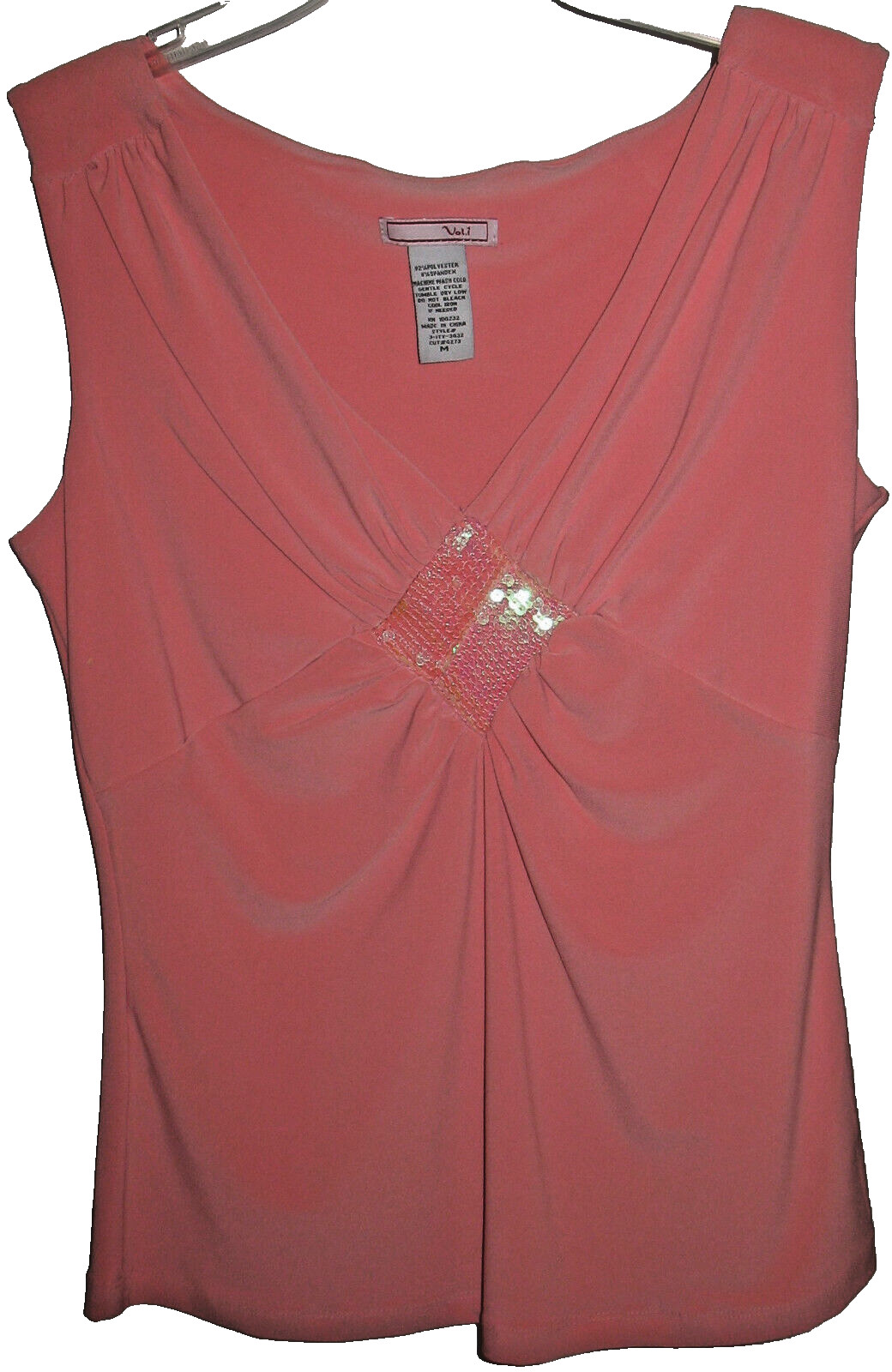 VINTAGE Volume One Vol 1 Peach Sequin Center V-Neck Sleeveless Blouse Top Medium