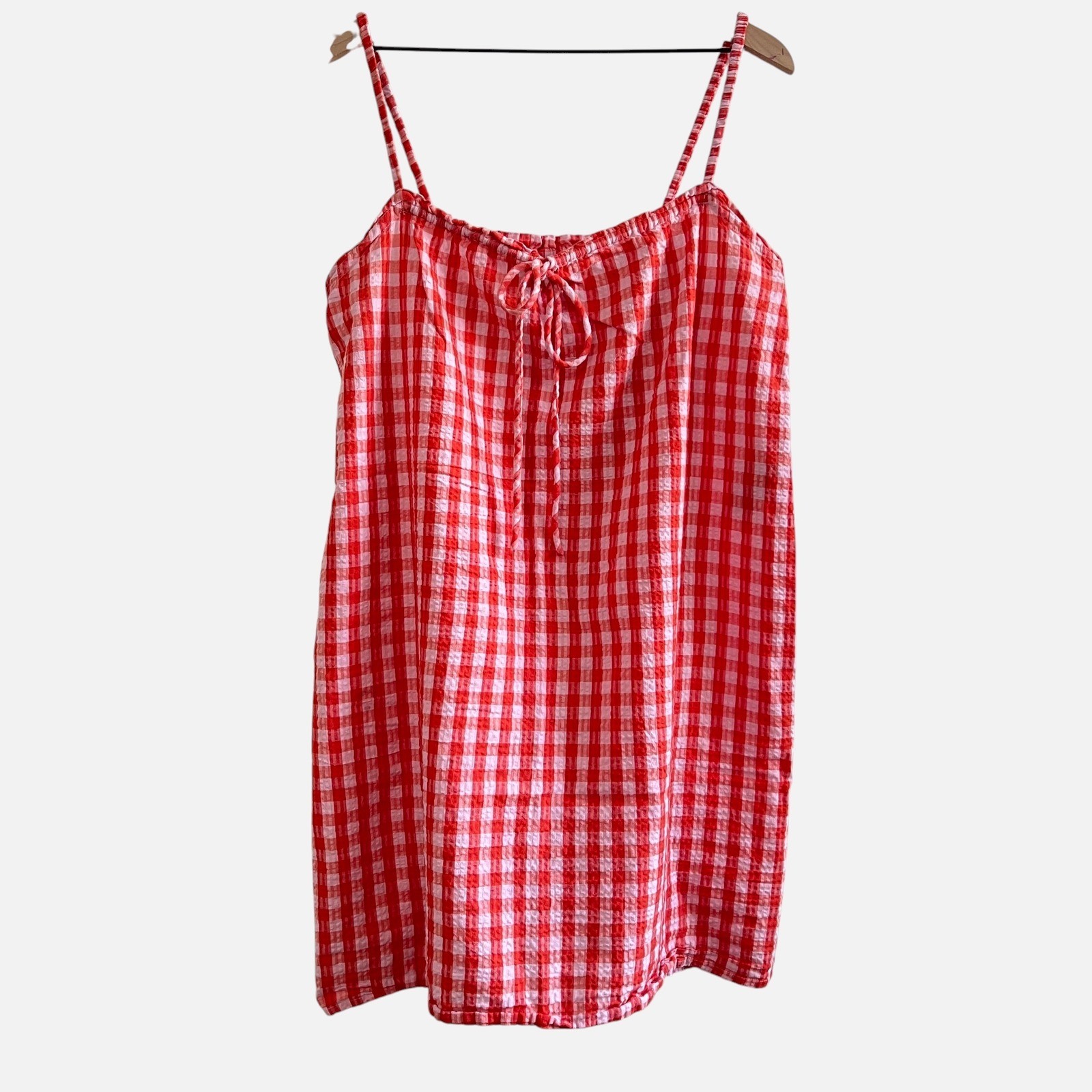 Vero Moda Pink Red Gingham Seersucker Mini Dress L/XL Cotton Cottagecore