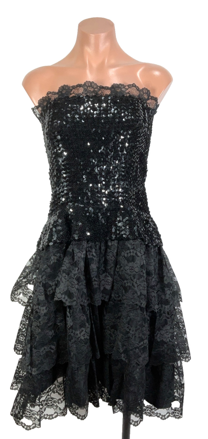 VTG 80s Strapless Black Floral Lace Prom Party Dress Whimsgoth Gothic Fairy 14