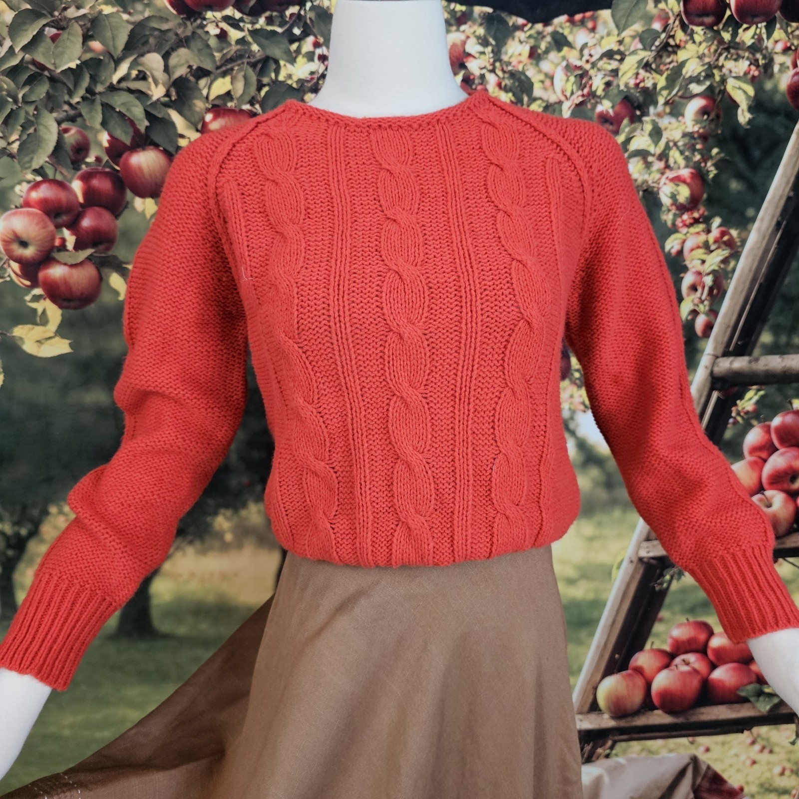 Vintage 1970s Pullover Sweater Orange Red Long Sleeve Cable Knit Retro Cozy