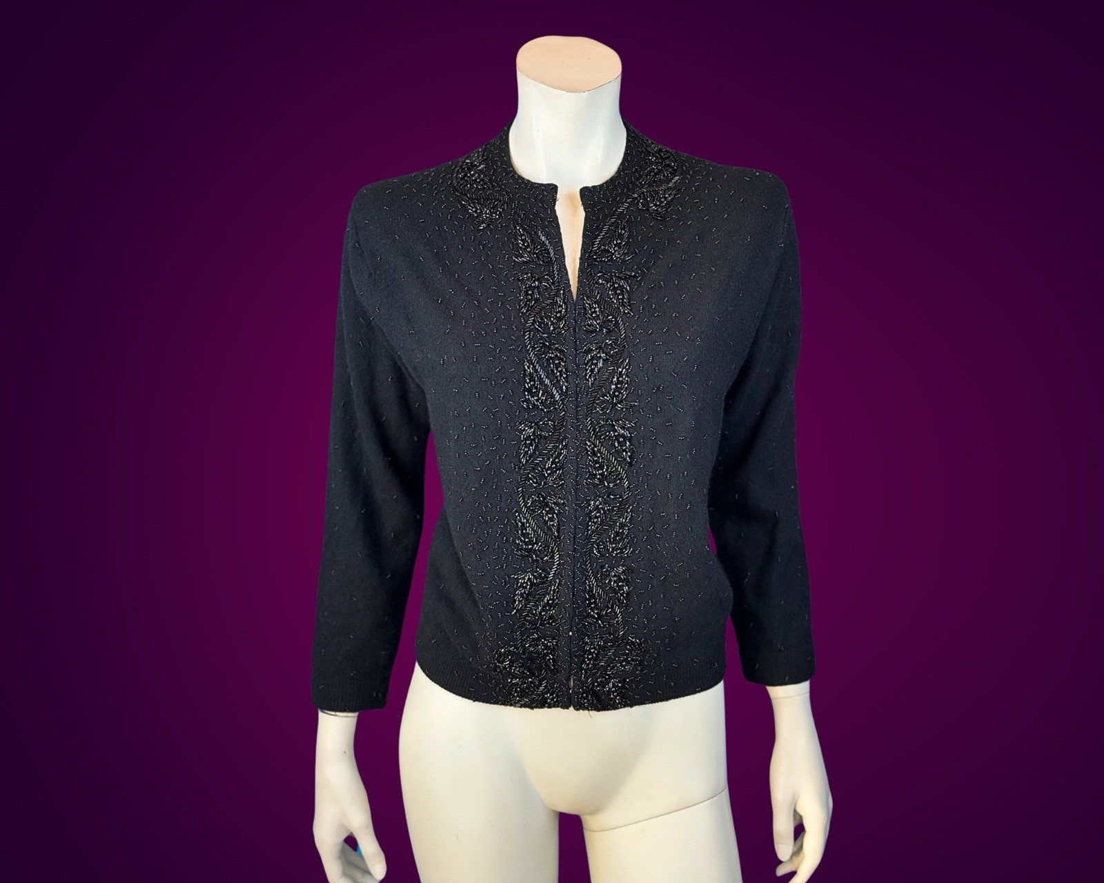 50s 60s Glam Beaded Jet Black ANGORA & Wool Cardigan Sweater / M