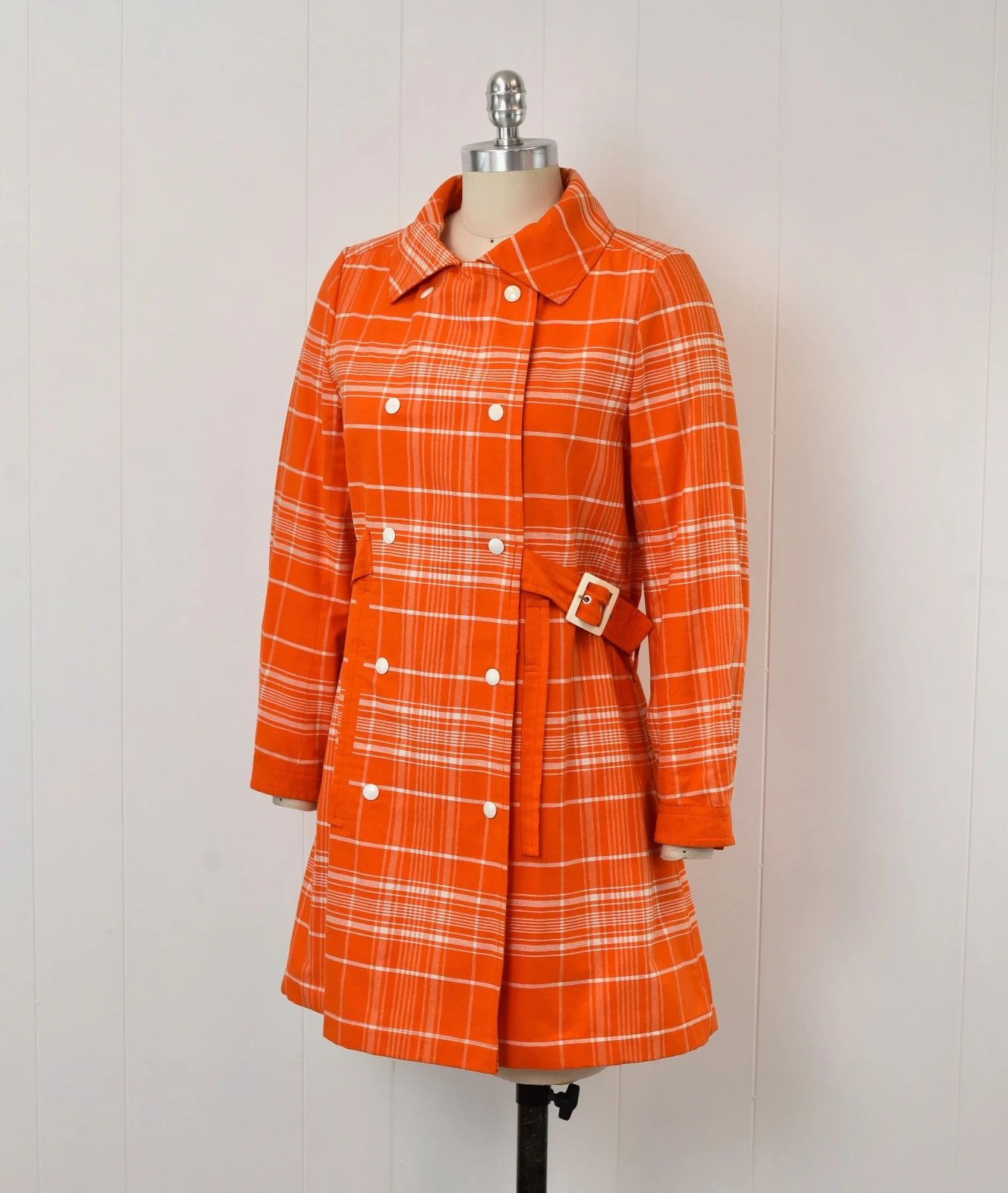 1970s Courreges Hyperbole Orange White Plaid Cotton Coat Jacket Dress