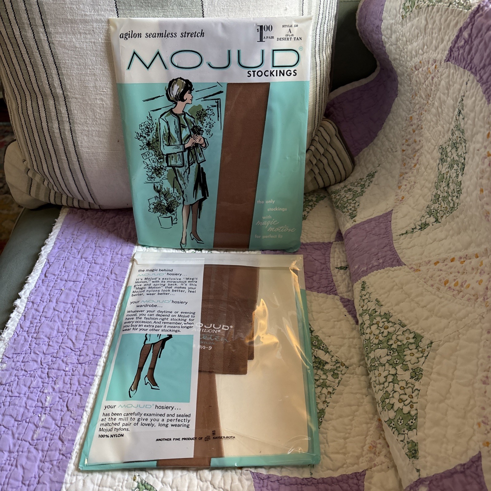 Two Pair NOS MOJUD Seamless Stretch Stockings Hosiery Desert Tan Style A 8 1/2-9
