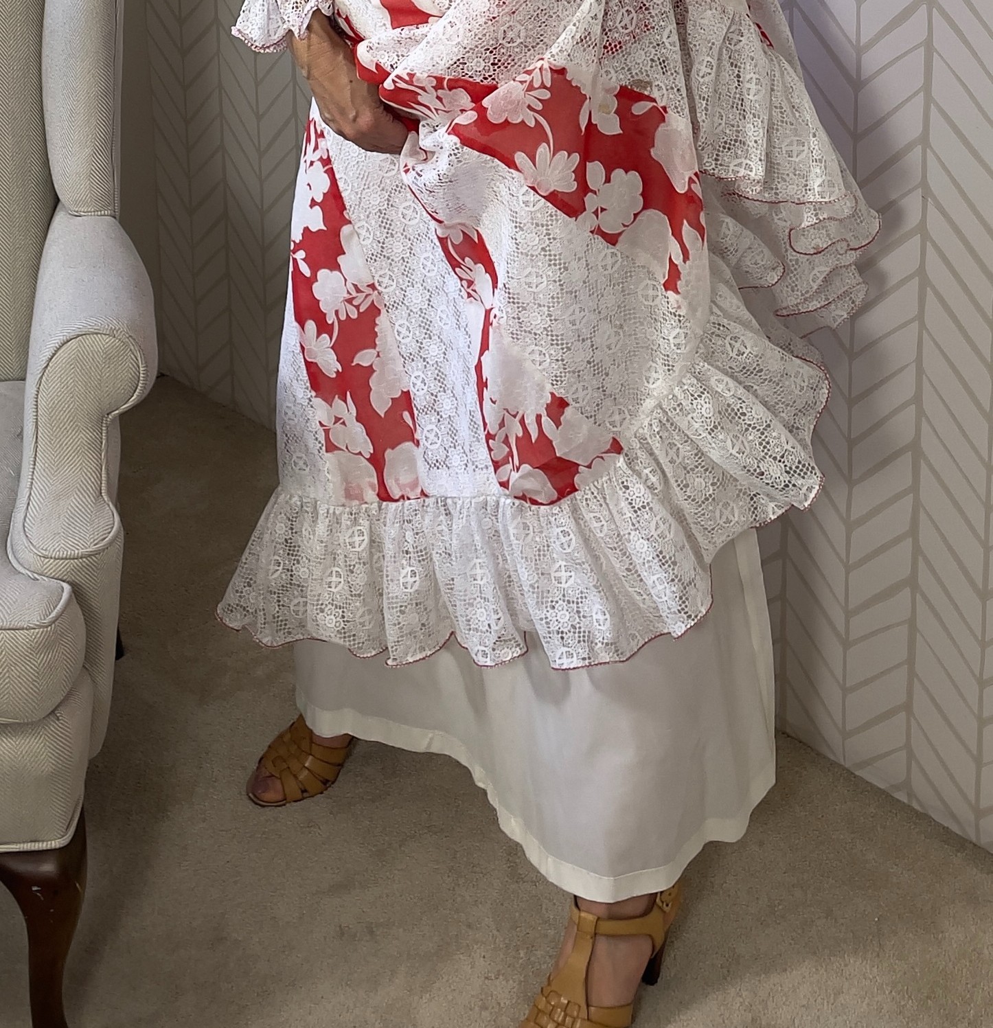 Vintage 70s Unique Full Length Red White Cotton Polyester Lace Dress