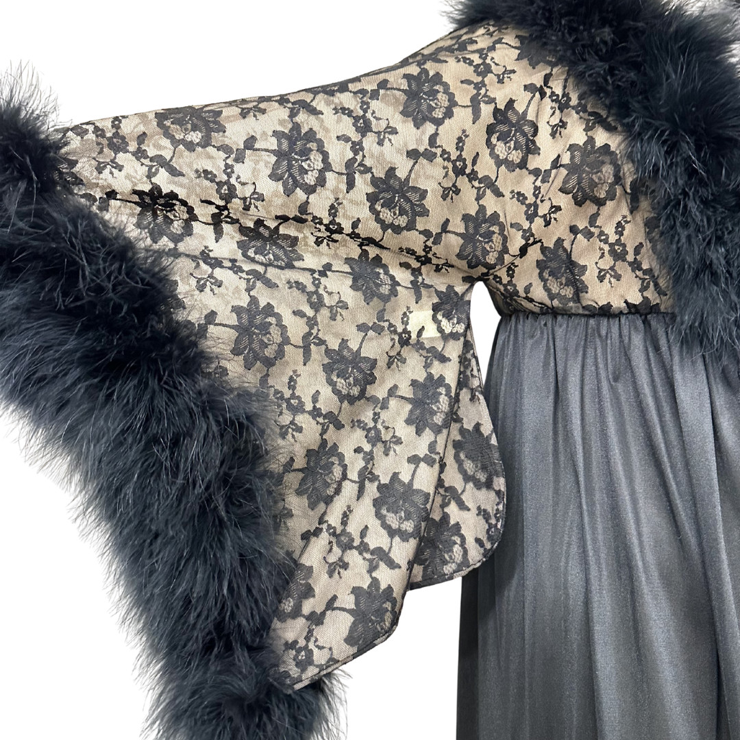 Vintage 1960s Jenelle Black Marabou Feather and Nude Illusion Lace Peignoir Robe
