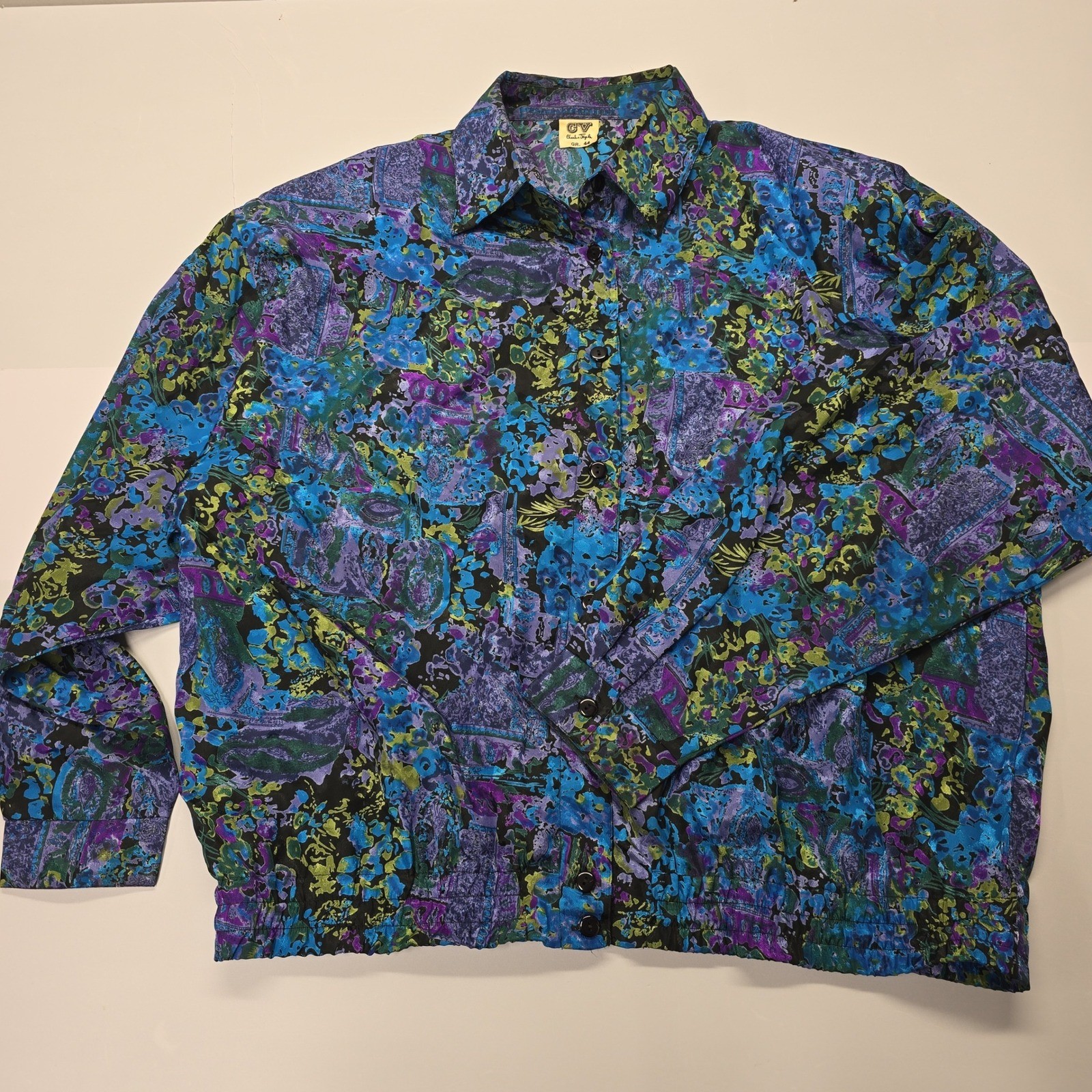 Vintage Charles Vogele CV Abstract Floral Button Up Bomber Jacket Blue Purple 44
