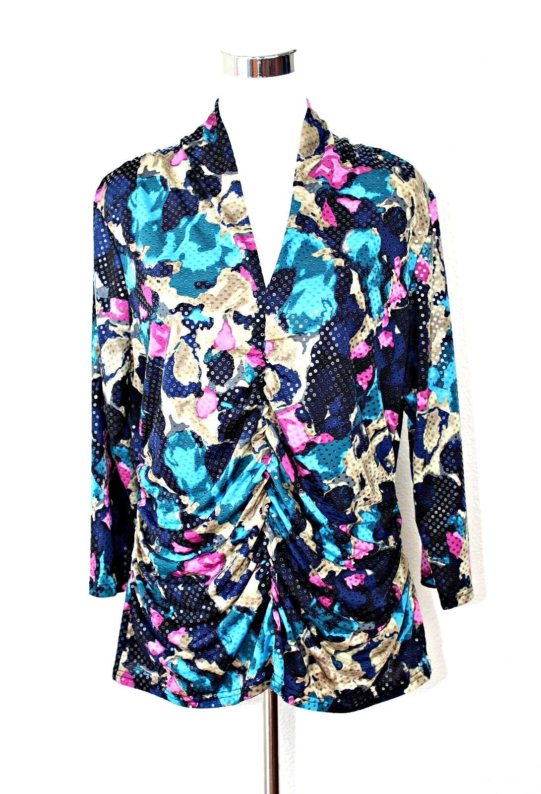 Bedazzled VTG RAFAELLA Knit Top XL Blue Pink Abstract Sequins Disco Clubwear #03