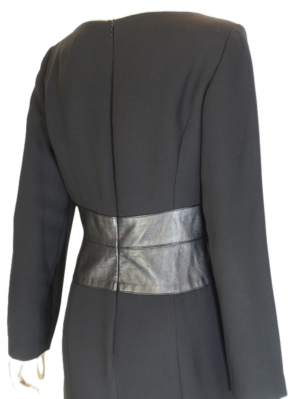 VTG SHANI~MINT!!~1990s BLACK SHEATH LONG SLEEVE DRESS LAMB SKIN WAIST SZ:8