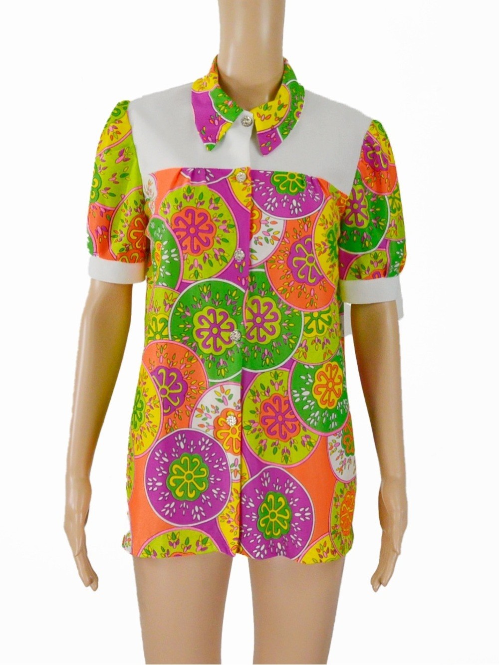 Vintage 60s 1960s Psychedelic Hippie Mod Funky Orange Pink Floral Blouse Top