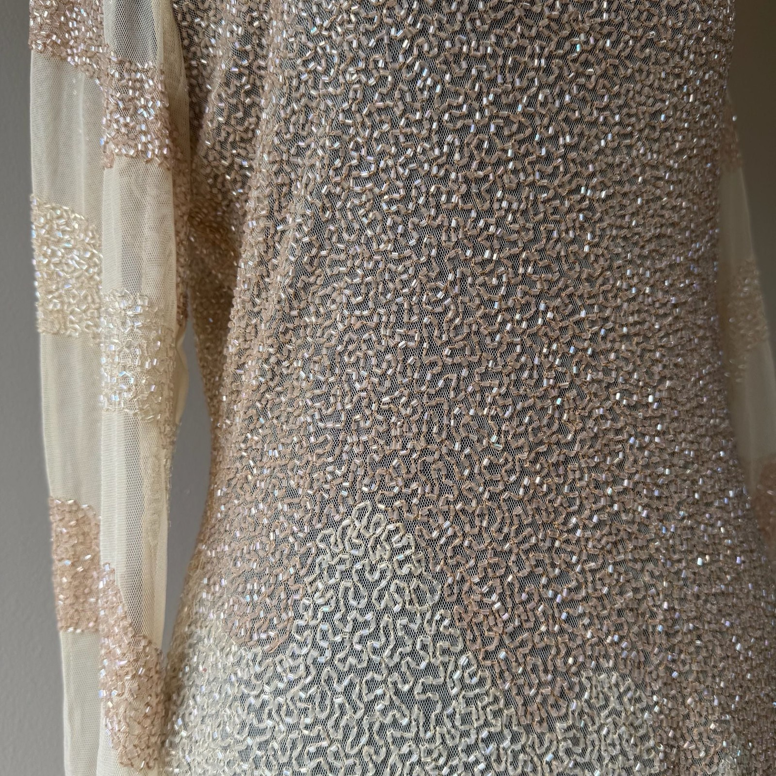 Vintage Fully Beaded Sequined Cream Asymmetrical Shirt Dress Sheer
