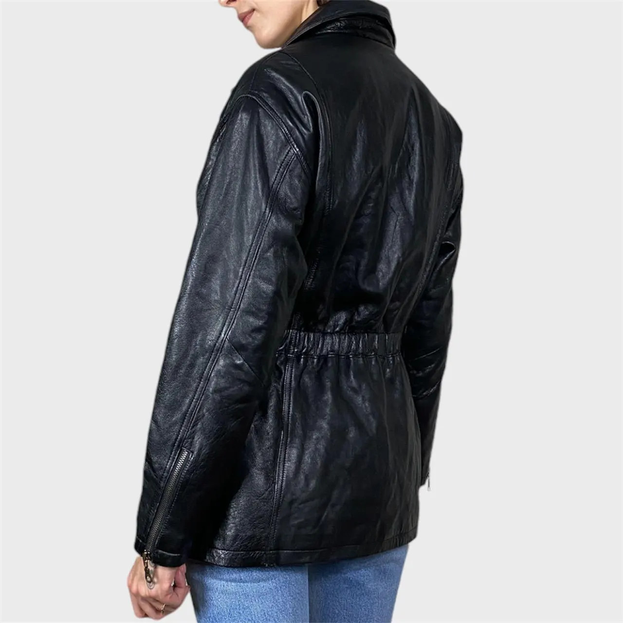 Vintage Black Leather Jacket Moto Biker Style Zipped Jacket Size US8