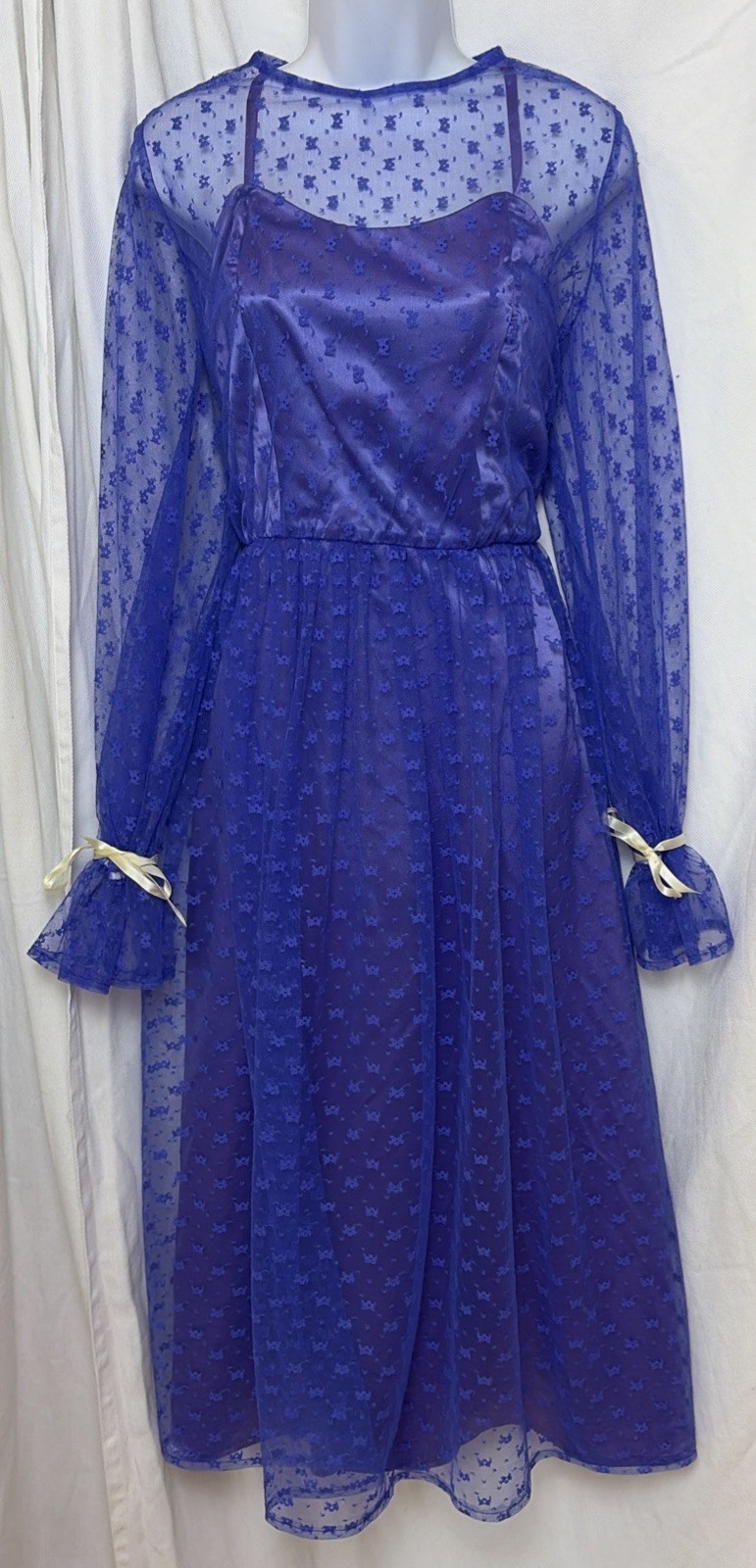 Vtg 70s Gauzy Fairy Romantic Sheer Periwinkle Lilac Lace Satin Party Dress XXS