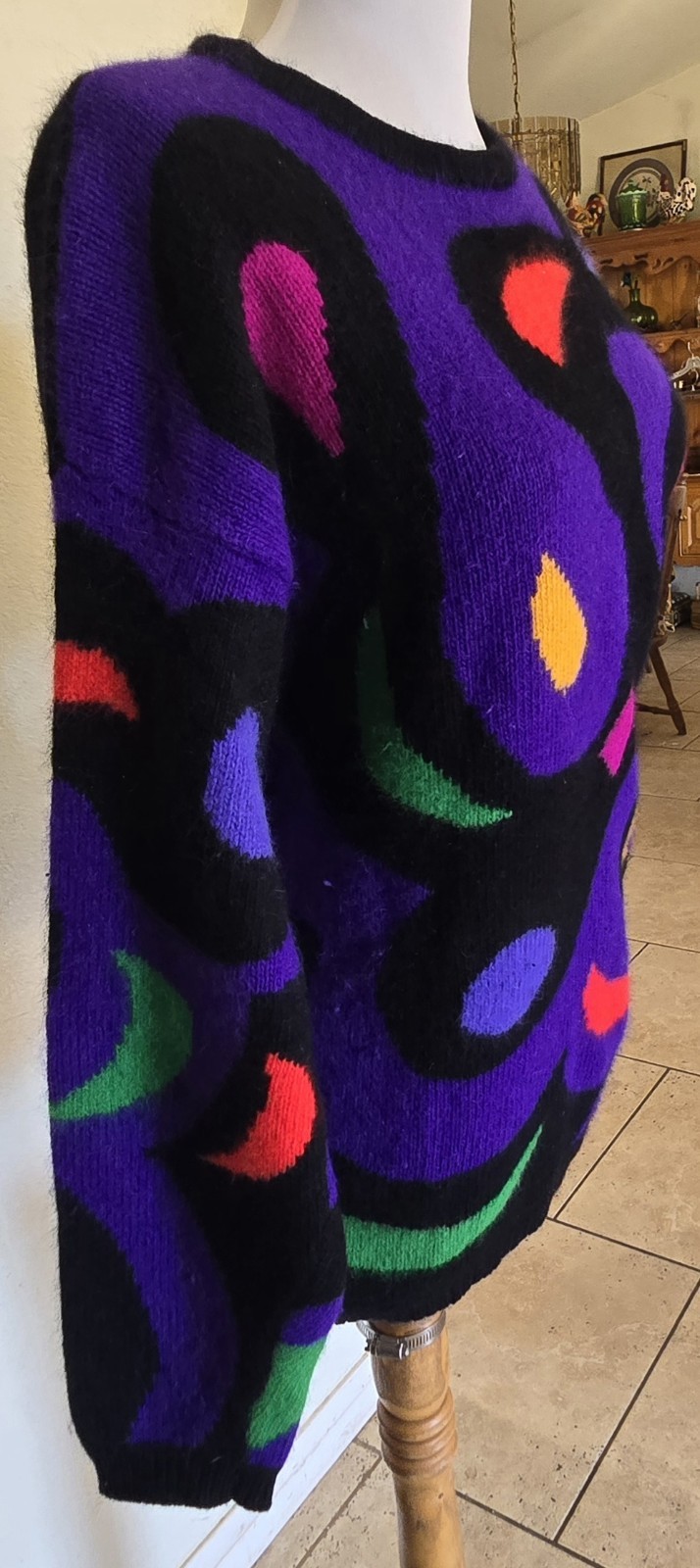 1980s RAFAELLA Angora Lambswool Sweater With Vibrant Abstract Design Size Large