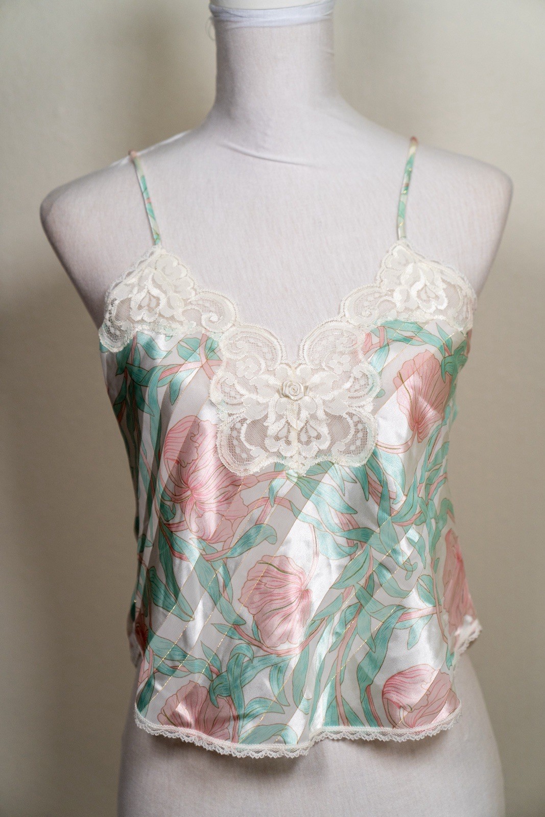 Lucie Ann II Floral Lace Trim Camisole Spaghetti Straps White Green Pink USA